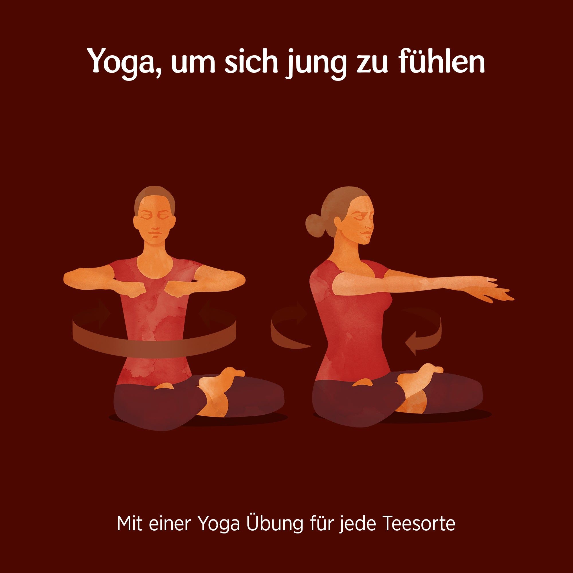Illustration zweier Yoga-Übungen. Frauen in roter Kleidung. Text: Yoga, um sich jung zu fühlen. Mit einer Yoga Übung für jede Teesorte.