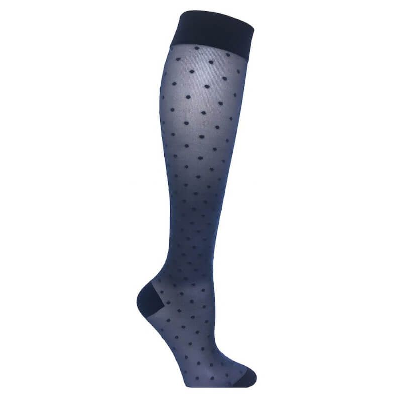 Kniestrümpfe mit Punkten, marineblau. Nylon. Einzelner Strumpf, Seitenansicht.