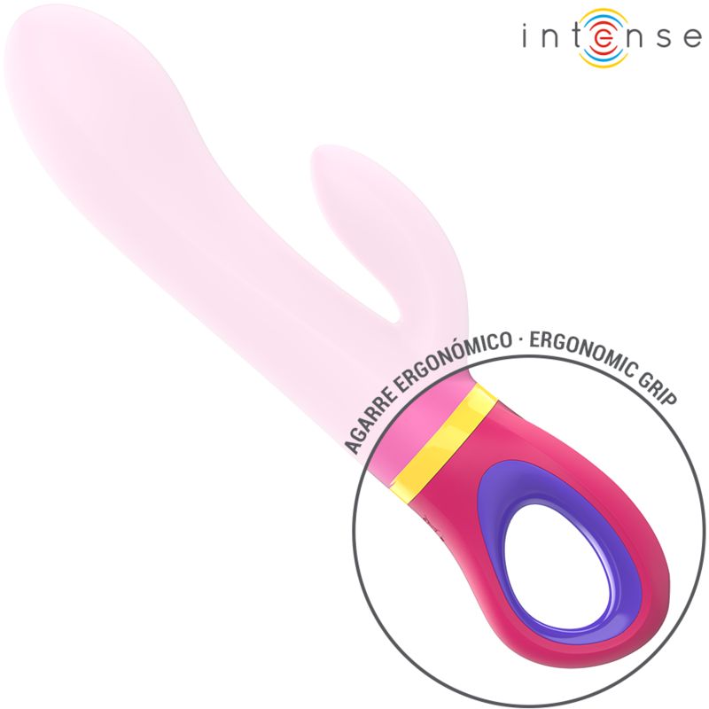 Rosa Vibrator mit ergonomischem Griff. Gelbe und blaue Akzente.