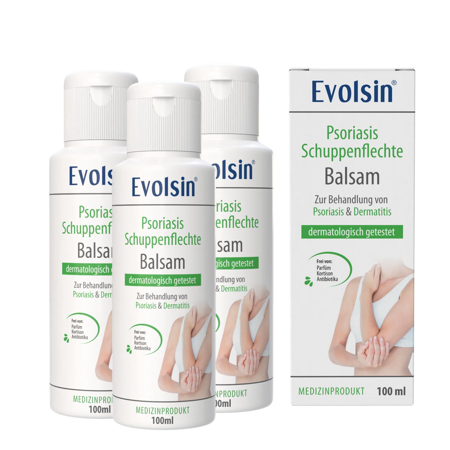 Evolsin® Psoriasis Balsam 3er Pack – bei Schuppenflechte, beruhigt Haut, ohne Kortison 300 ml