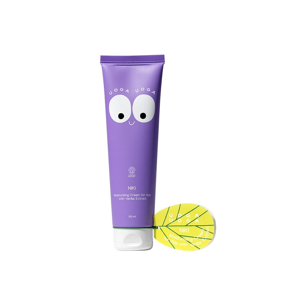 Lila Tube mit Augen-Design. Text: Uoga Uoga, NIKI, moisturizing Cream for kids with Vanilla Extract. Gelbes Blatt mit Text.