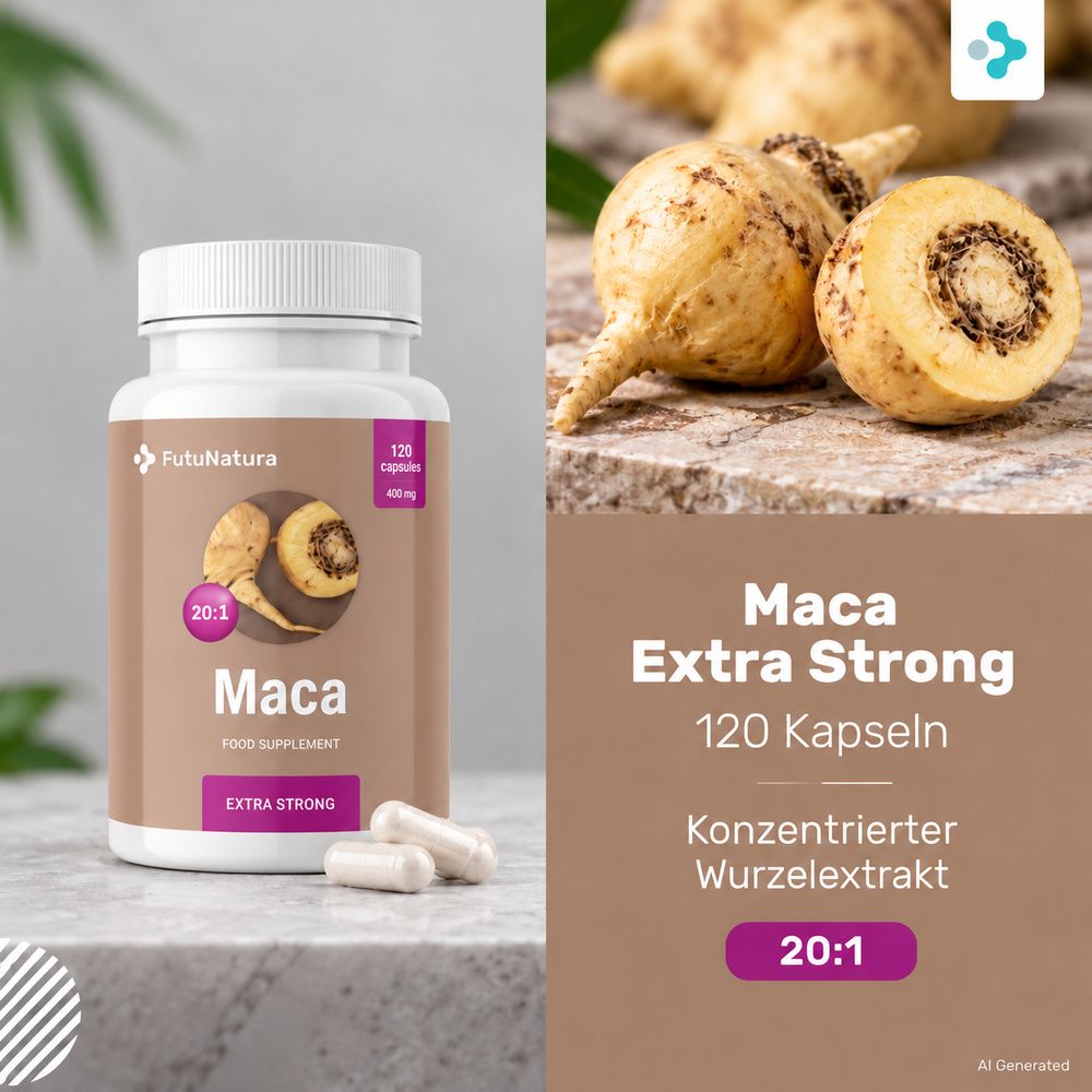 Flasche mit FutuNatura Maca Extra Strong Kapseln, 120 Stück, neben Maca-Wurzeln.