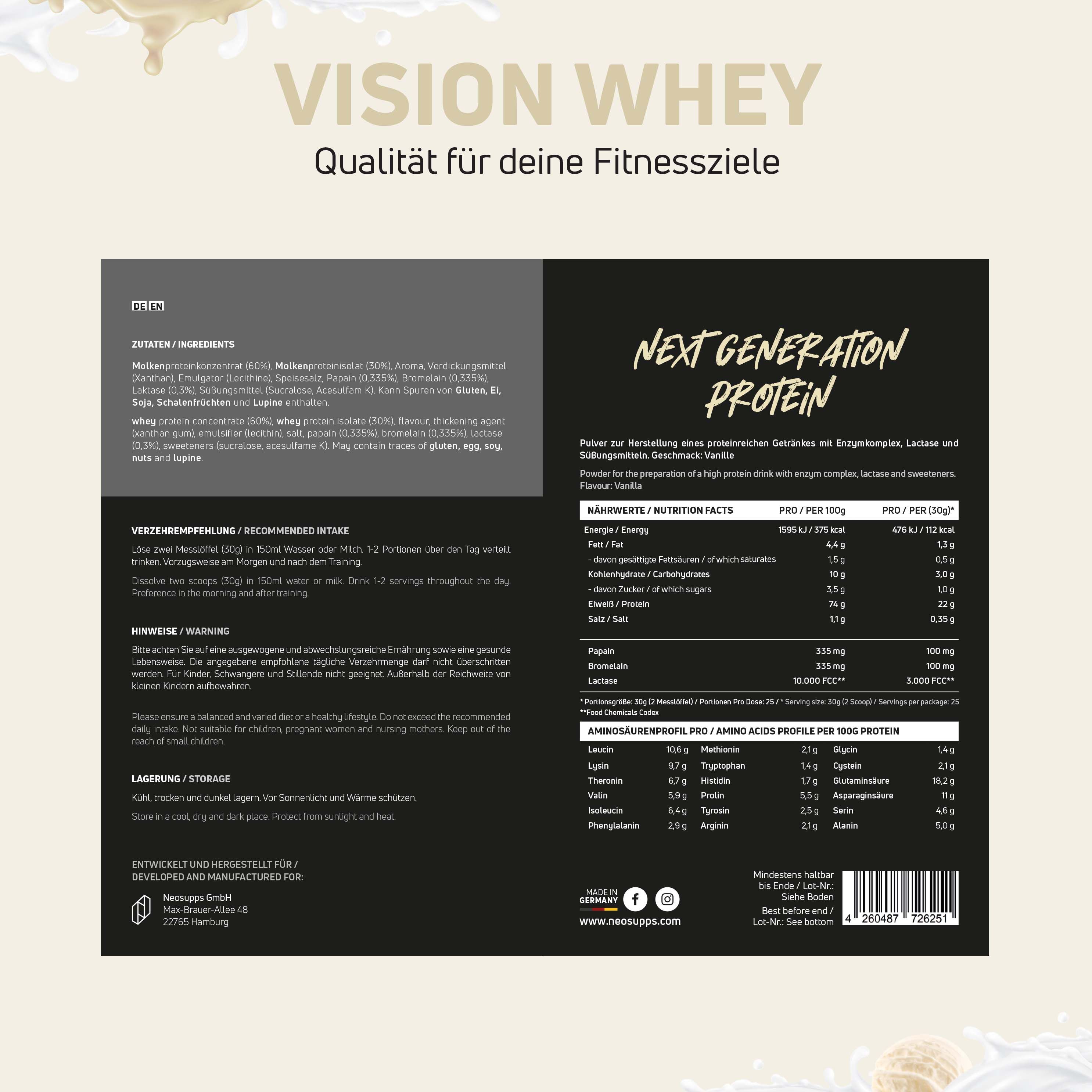 Produktinformationen auf schwarzem Hintergrund. Text: "VISION WHEY", "NEXT GENERATION PROTEIN".