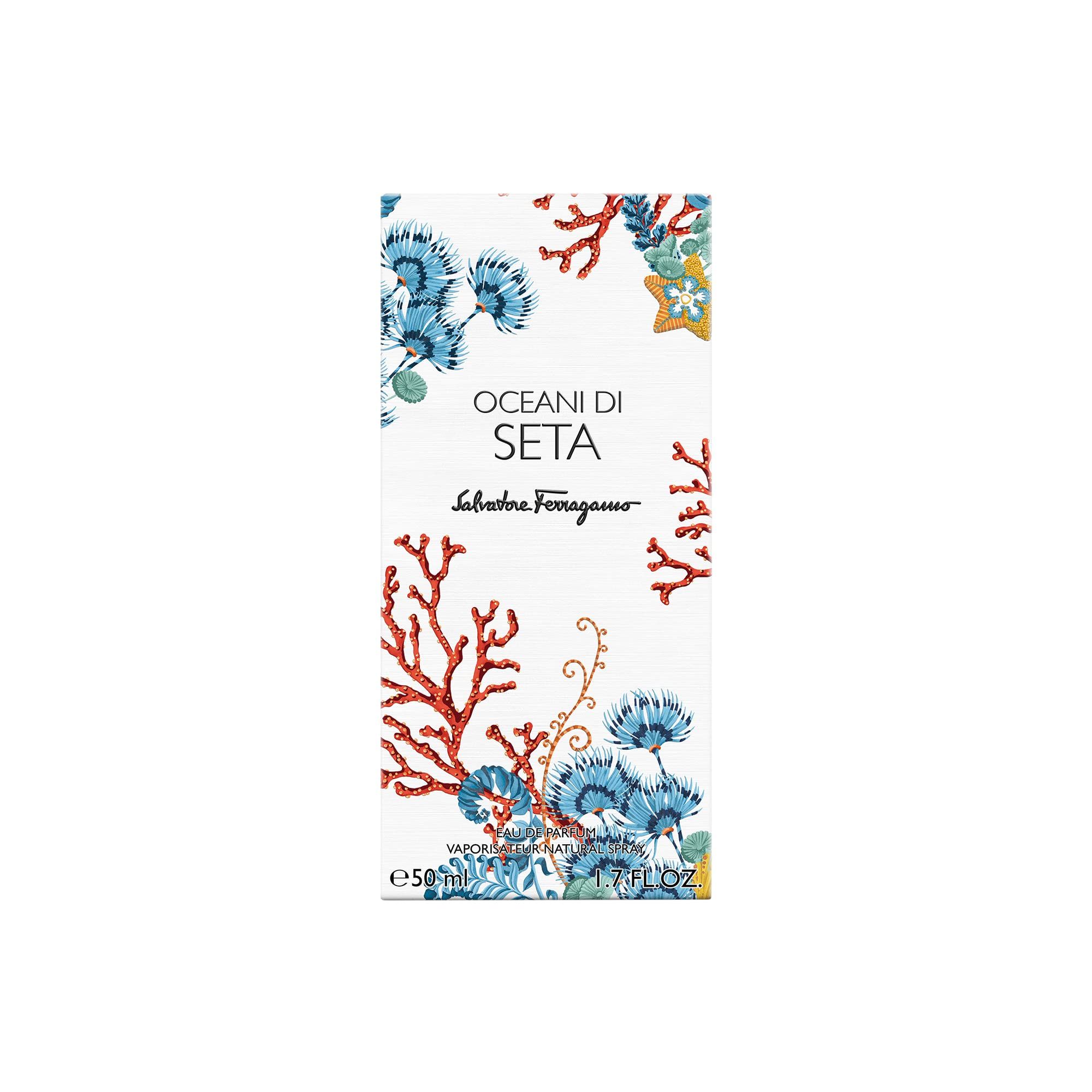 Salvatore Ferragamo Oceani di Seta Verpackung. Korallen- und Blumen-Dekor. Text: Oceani di Seta, Salvatore Ferragamo.