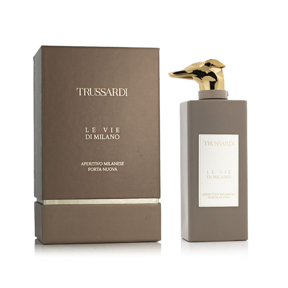 Trussardi Le Vie Di Milano Eau de Parfum Flakon und Verpackung mit goldenem Tierkopf-Verschluss.