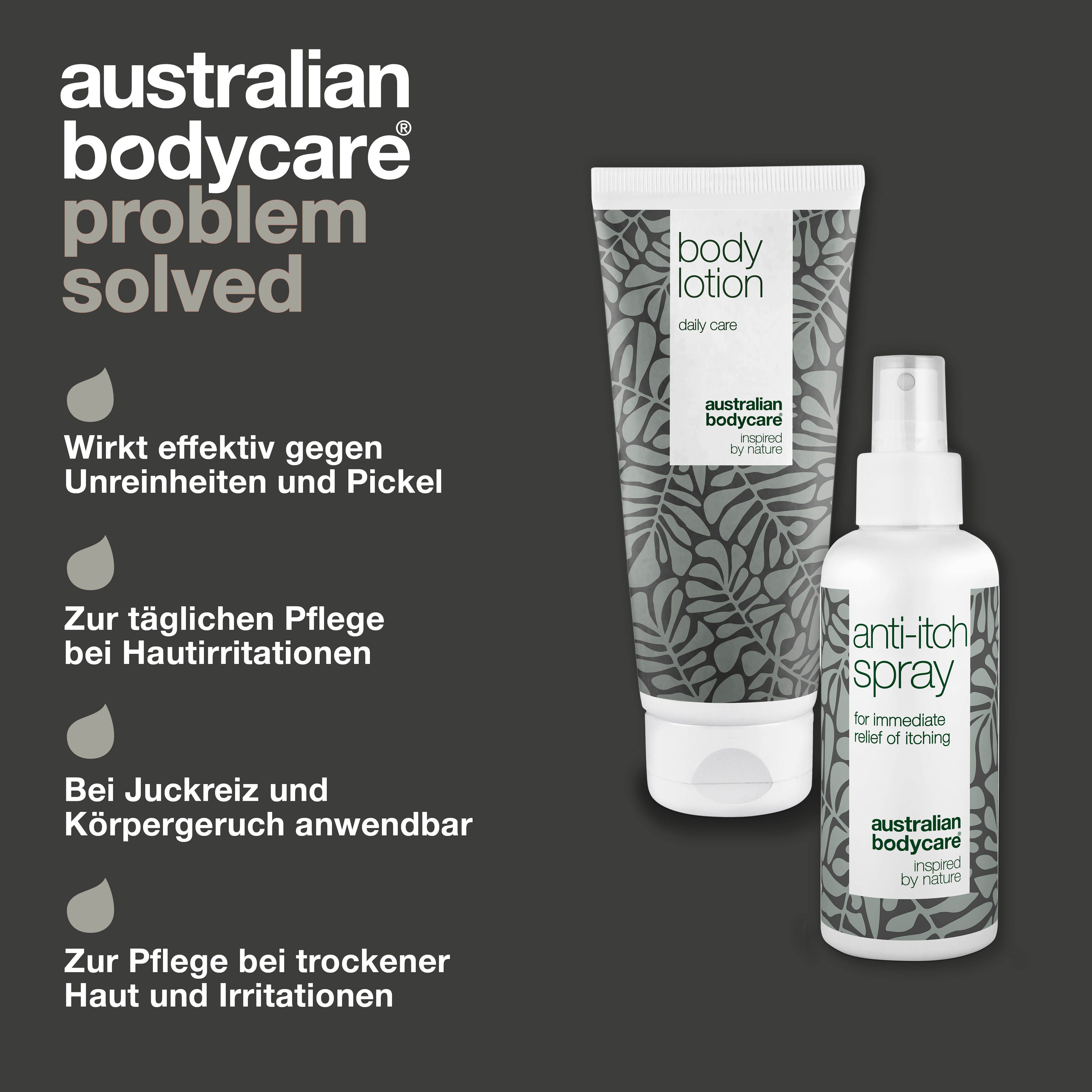 Zwei Produkte: Body Lotion und Anti-Juckreiz-Spray. Auf der linken Seite steht „Problem“ und auf der rechten „Solution“.