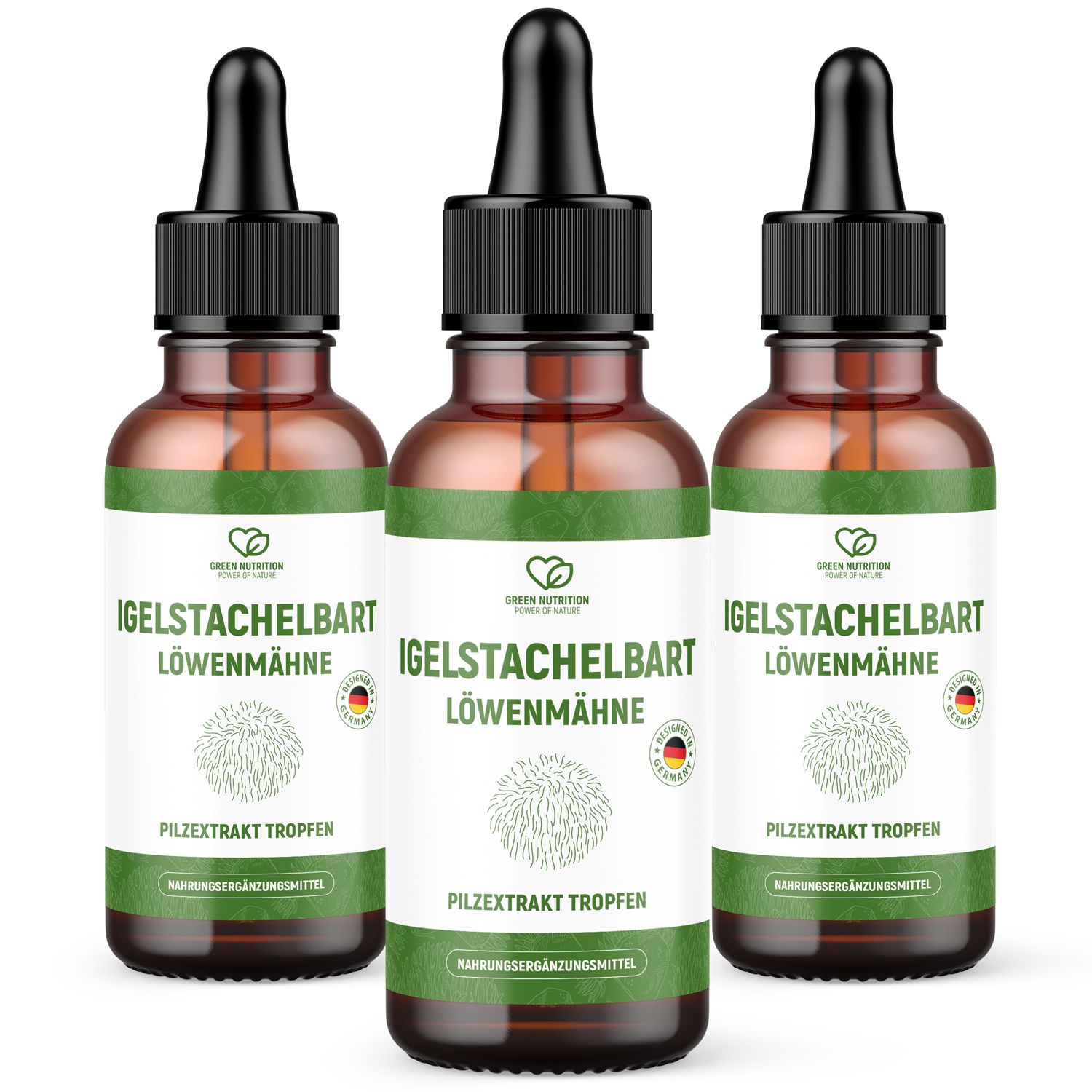 Drei Flaschen Igelstachelbart Löwenmähne Tropfen. Braune Glasflaschen mit schwarzer Pipette. Grün-weißes Etikett.