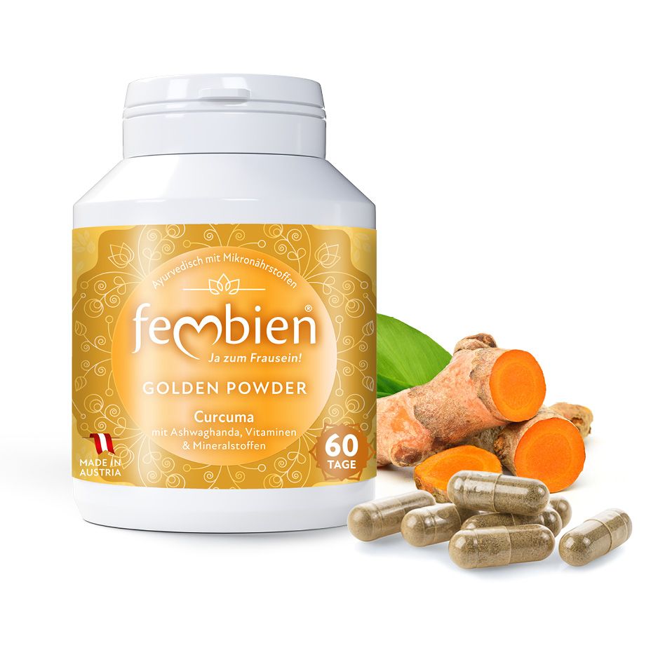 Fembien Golden Powder-Flasche, daneben Kapseln, Kurkuma-Wurzeln und Blätter. Aufschrift: Curcuma, Ashwagandha, Vitamine, Mineralstoffe.