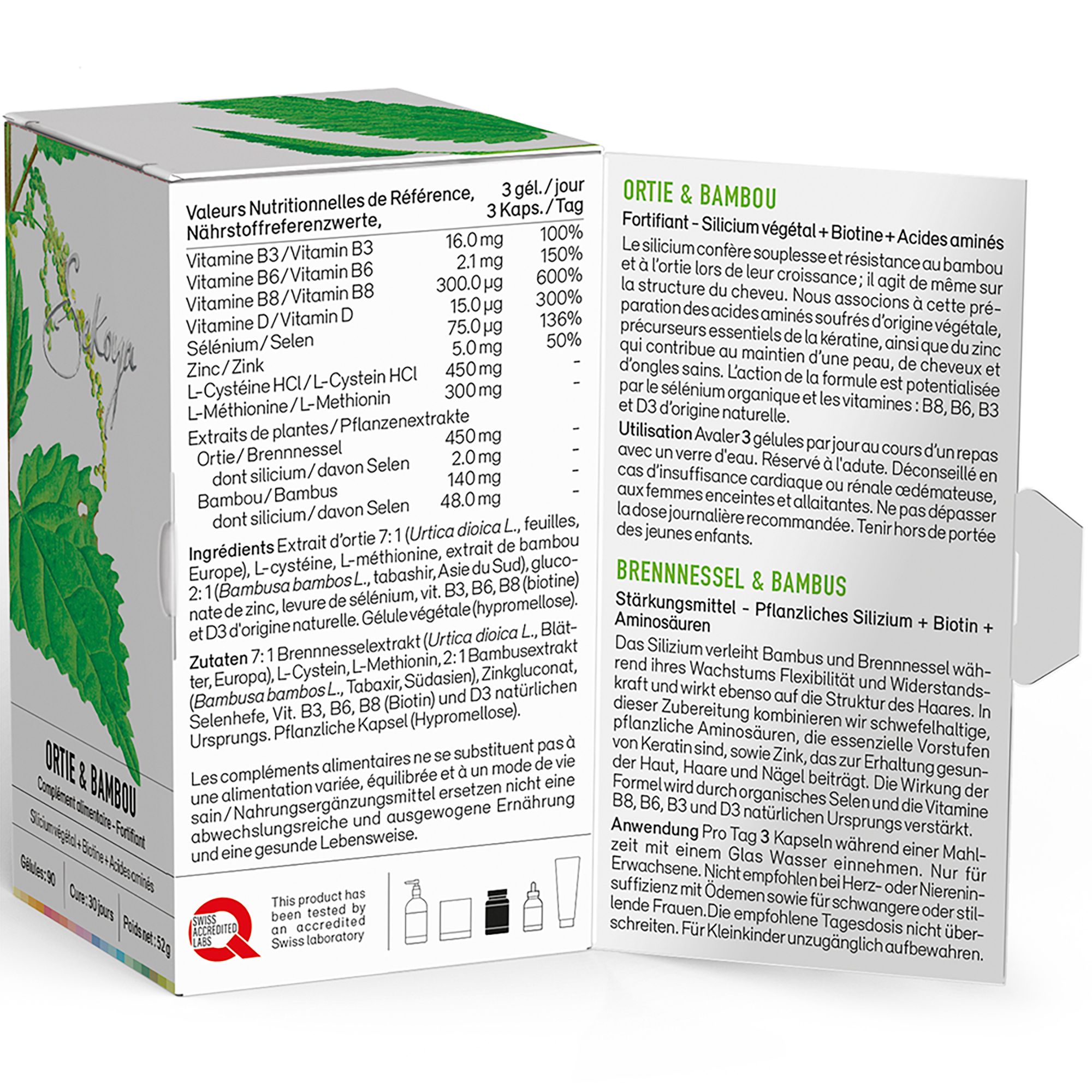 Geöffnete Produktverpackung mit Nährwertangaben und Inhaltsstoffen. Text in Deutsch und Französisch. Swiss Accredited Labs-Logo.