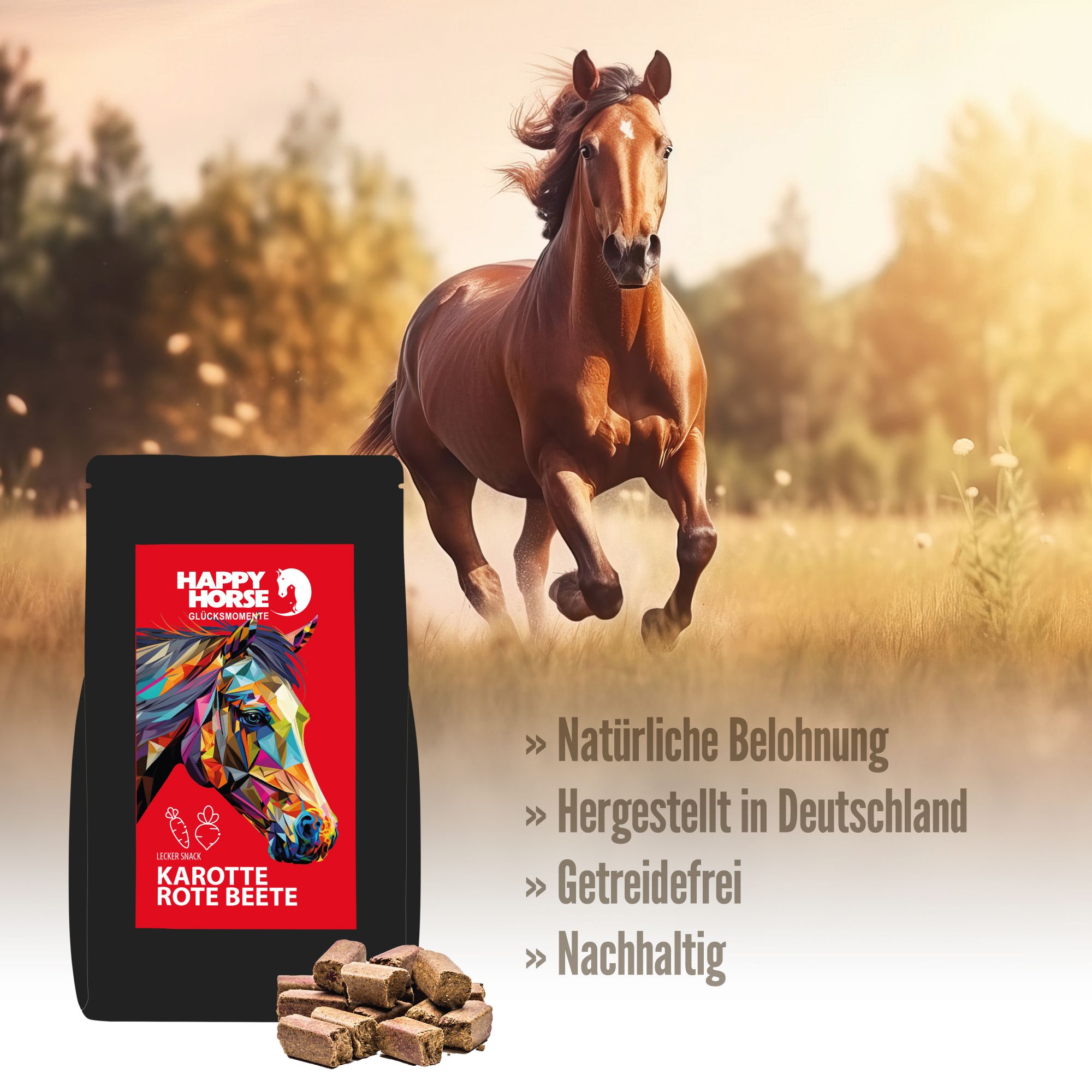Schwarze Verpackung mit rotem Etikett. Aufschrift: Happy Horse Lecker Snack Karotte Rote Beete. Geformte Snacks daneben. Pferd rennt im Hintergrund.