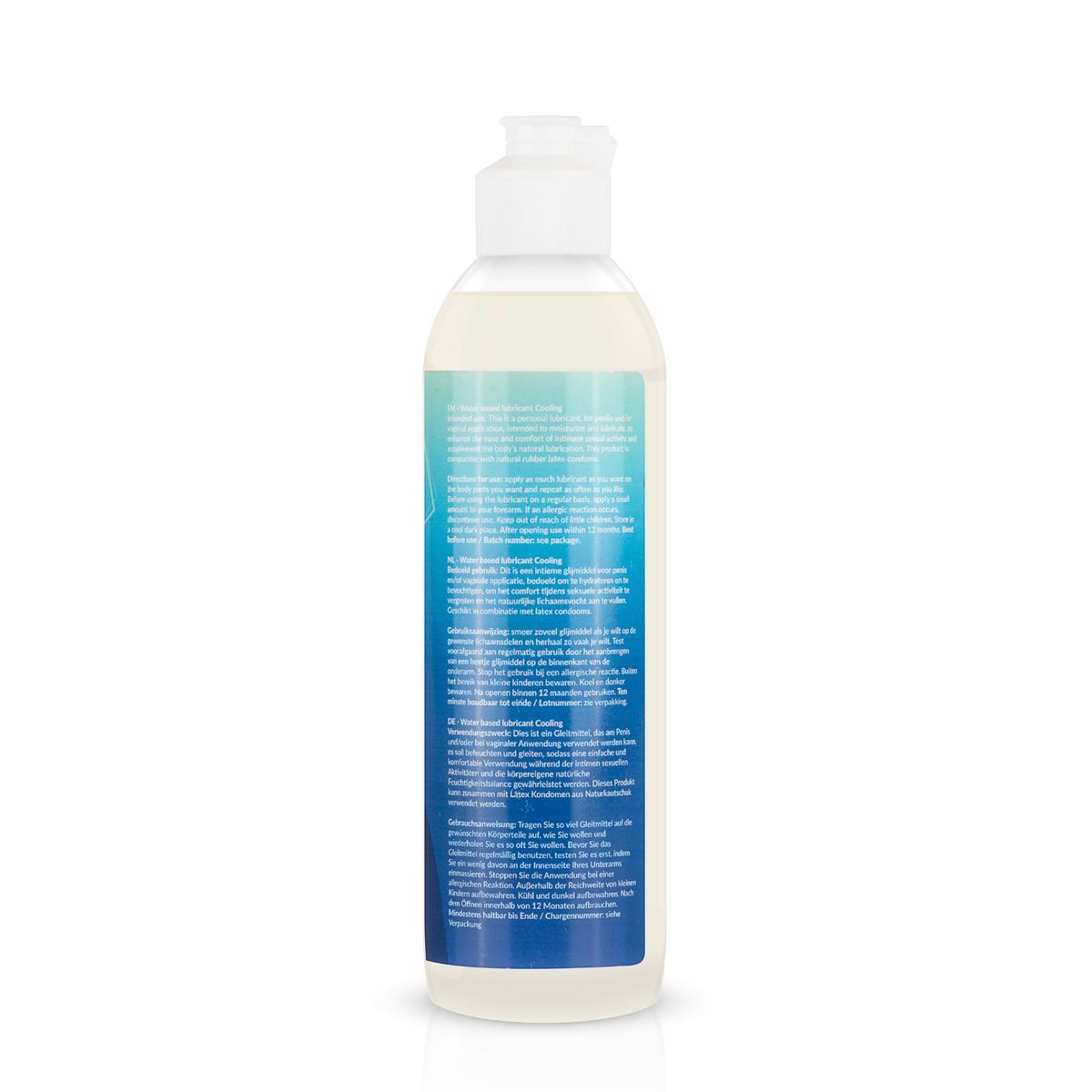 Rückseite einer transparenten Flasche mit weißem Deckel. Text in mehreren Sprachen.