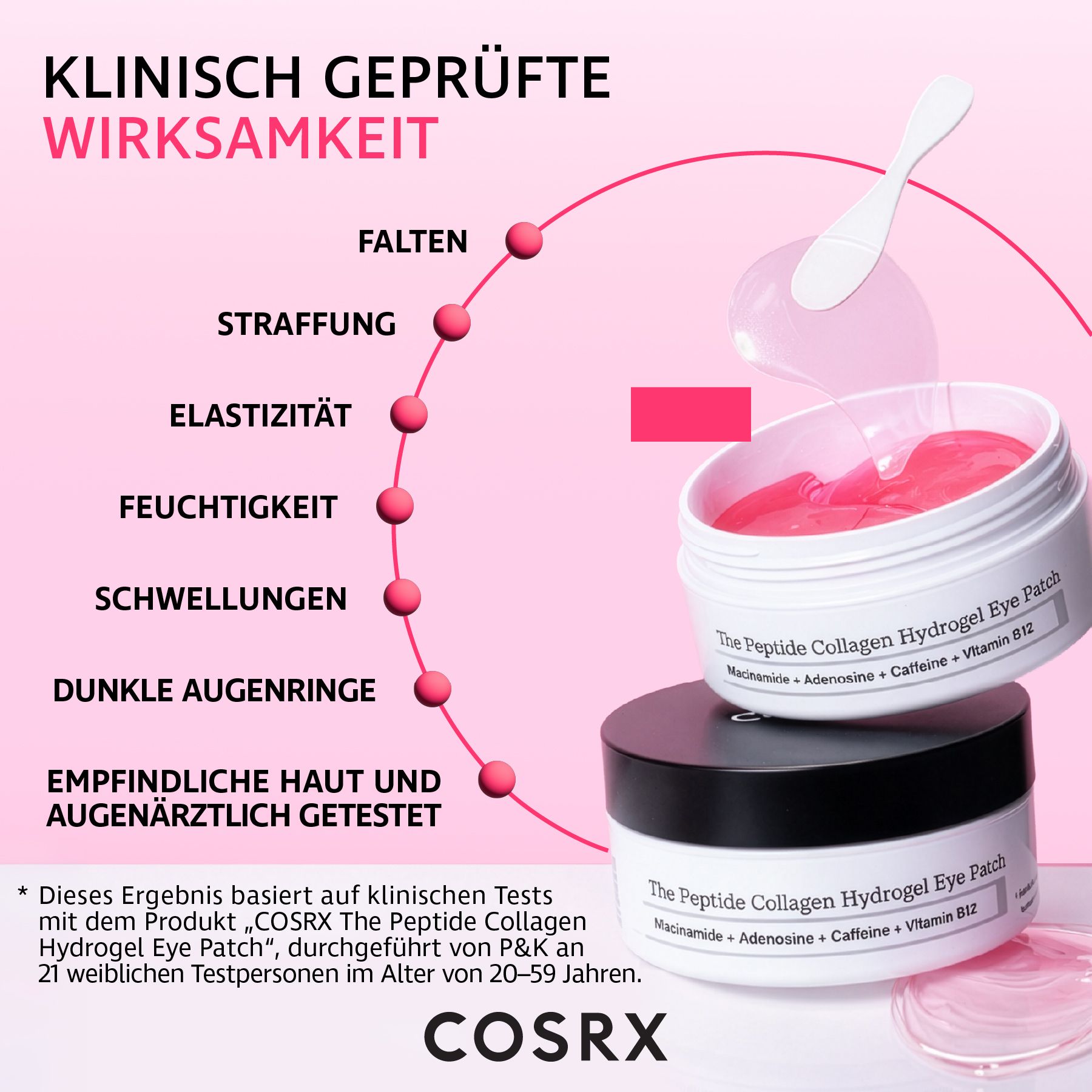 Geöffnete Dose mit Augenpads und Spatel. Text: The Peptide Collagen Hydrogel Eye Patch. COSRX Logo. Klinisch geprüft.