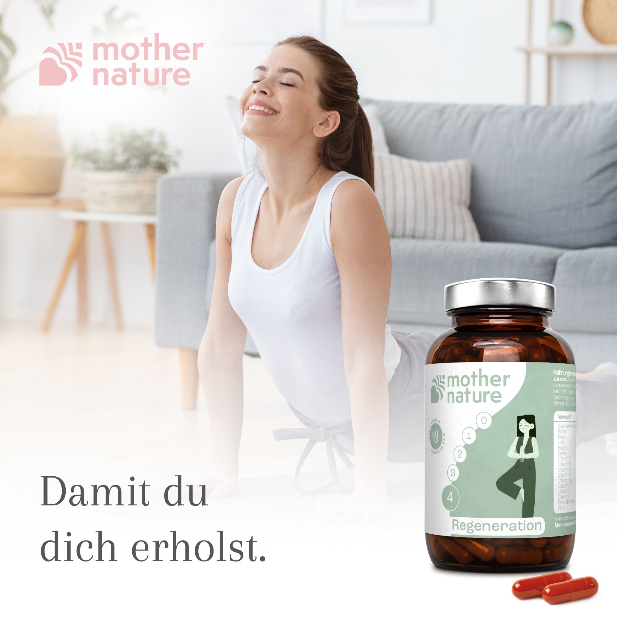 Frau in Yoga-Pose neben einer Flasche mit Kapseln. Aufschrift: Mother Nature, Phase 4, Regeneration. Zwei Kapseln.