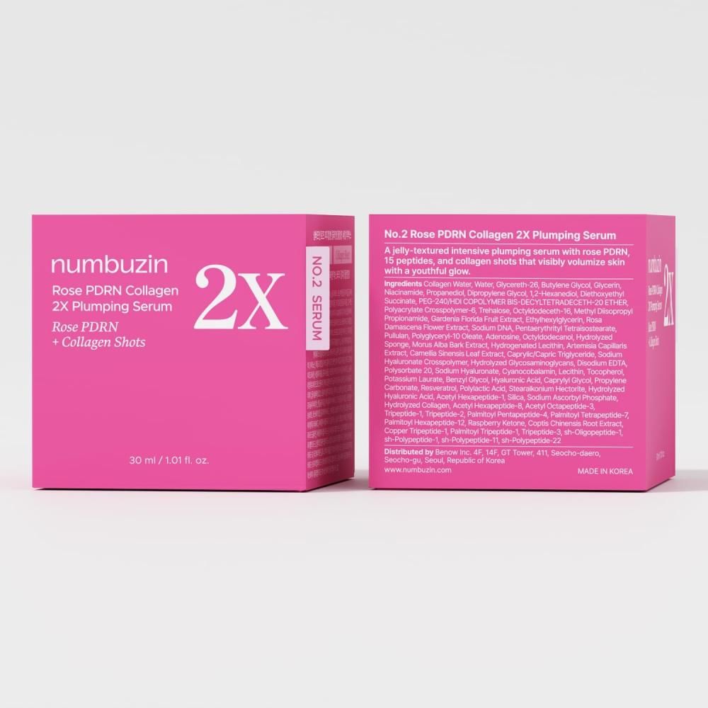 Numbuzin Rose PDRN Collagen 2X Plumping Serum, 30 ml. Rosa Verpackung mit Text.