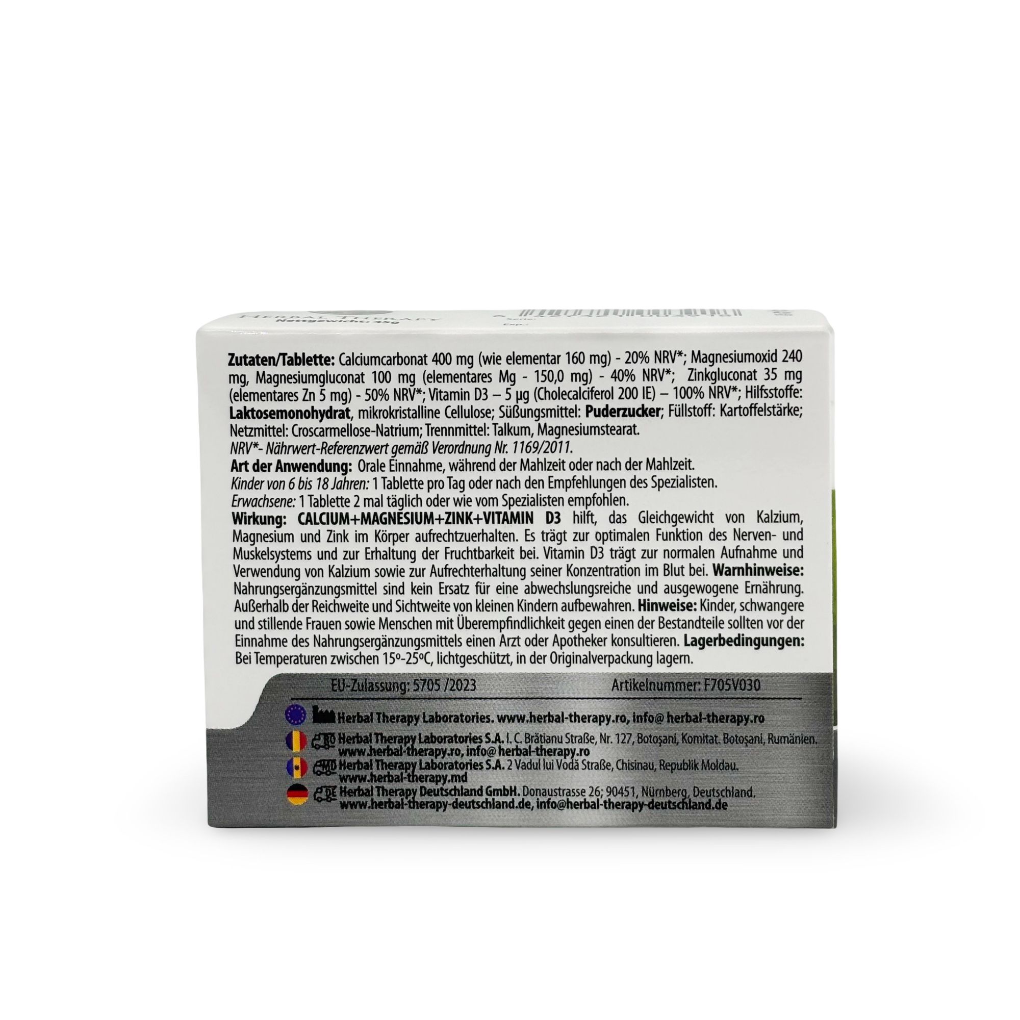 Rückseite der Herbal Therapy Kalzium, Magnesium, Zink, Vitamin D3 Schachtel. Enthält Informationen zu Inhaltsstoffen, Dosierung und Hersteller.