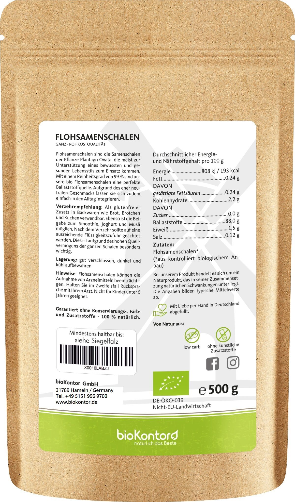 bioKontor Flohsamenschalen ganz 500 g Schale