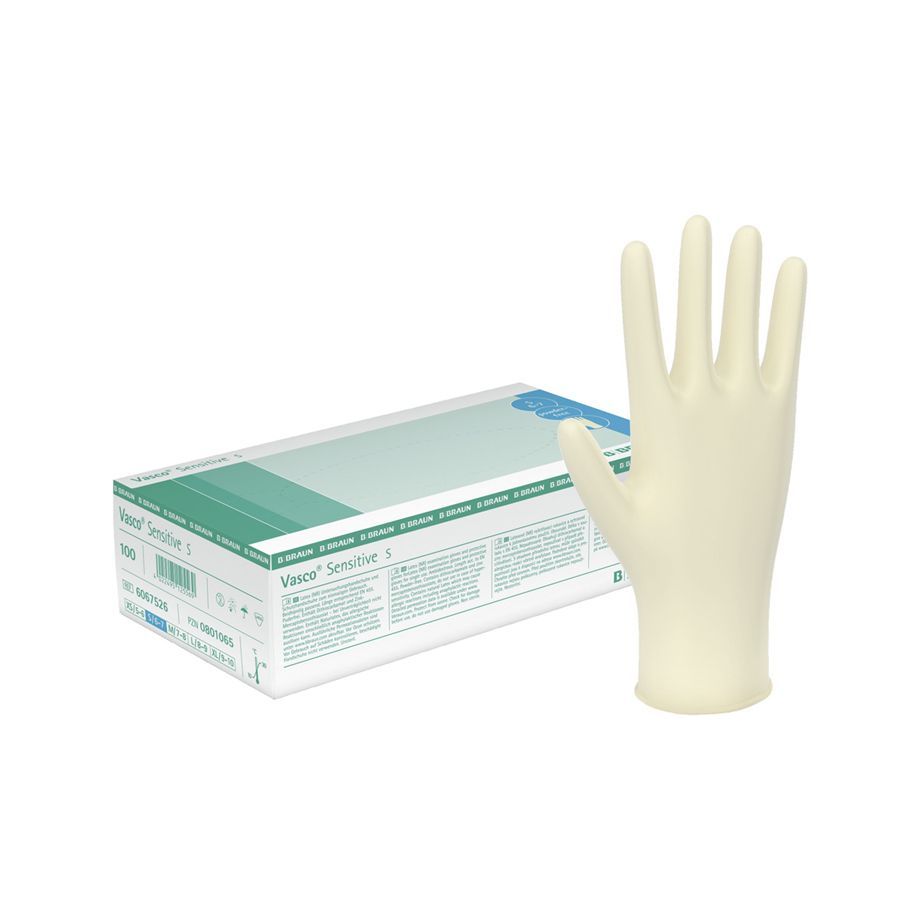 Ein einzelner heller Untersuchungshandschuh neben einer Packung mit 100 Handschuhen.