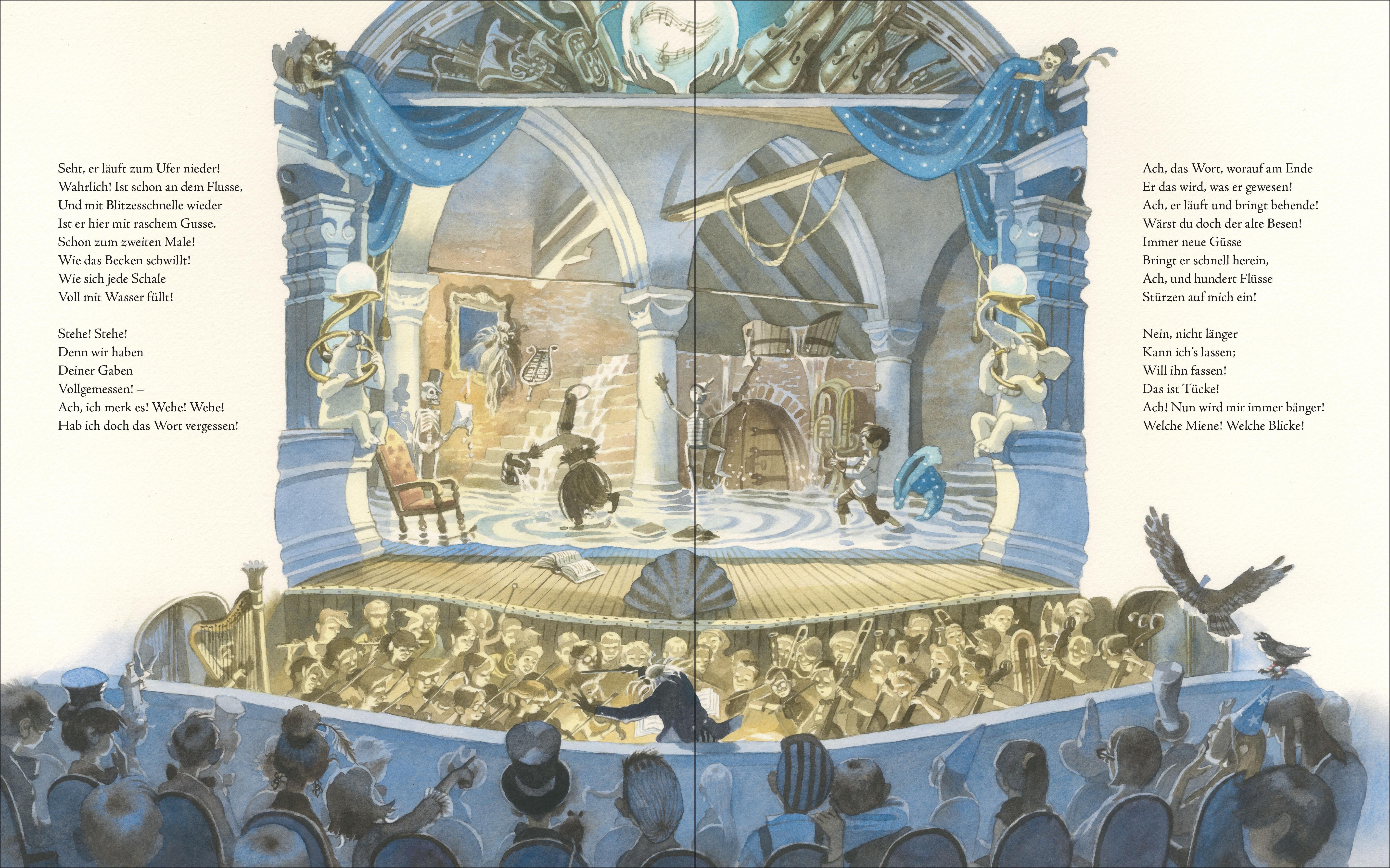 Doppelseite aus "Der Zauberlehrling". Illustration einer Theaterbühne mit Publikum und Darstellern. Text und Vogel.