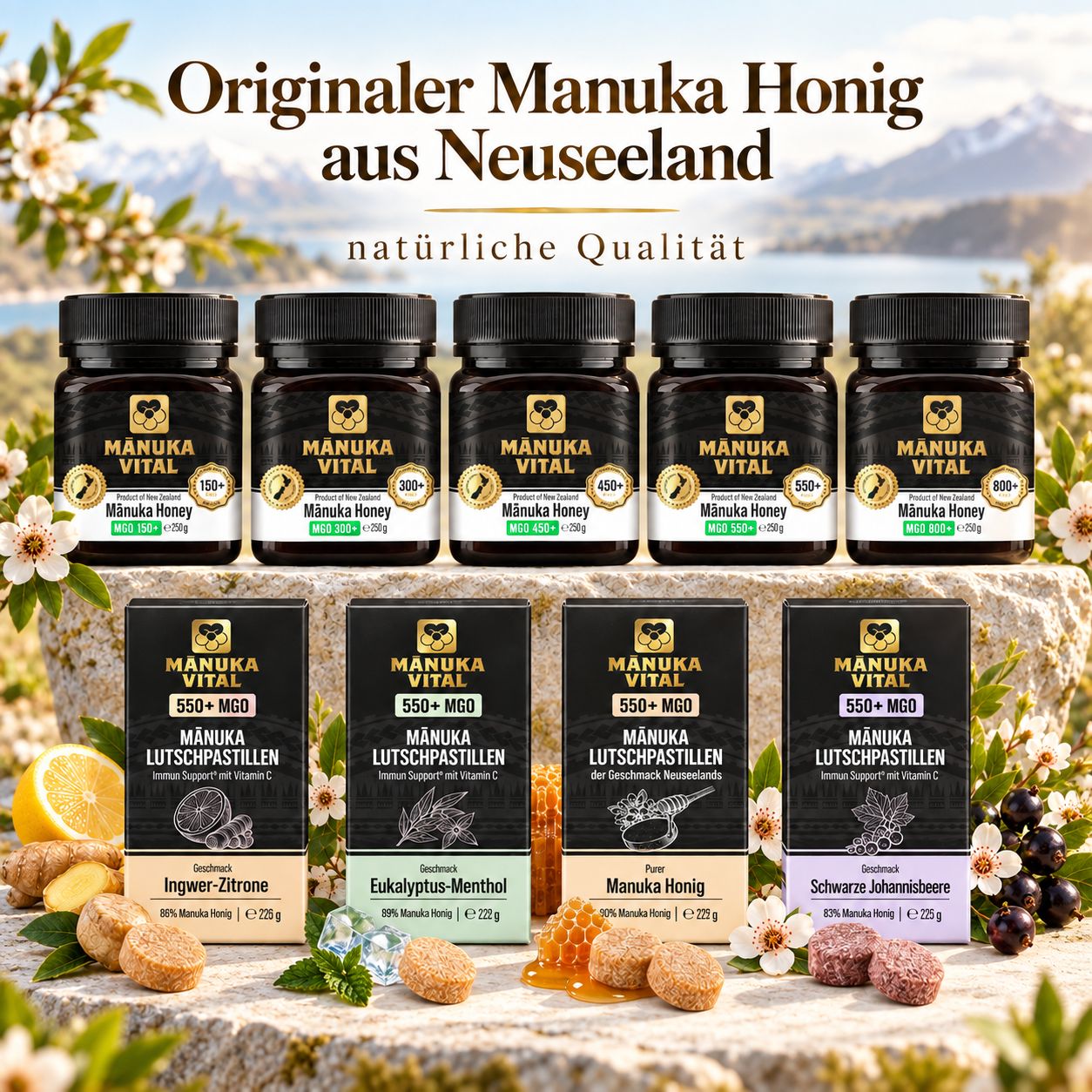 Manuka Vital Manuka Lutschpastillen MGO 550+ mit Eukalyptus-Menthol & Vitamin C