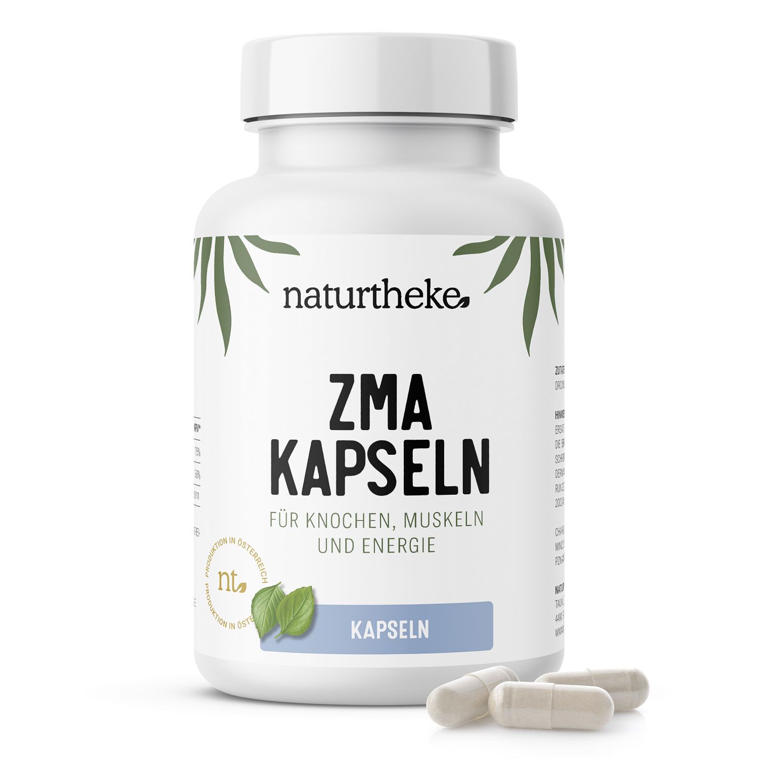 Weiße Flasche mit Kapseln. Aufschrift: Naturtheke ZMA Kapseln. Für Knochen, Muskeln und Energie. Kapseln liegen daneben.