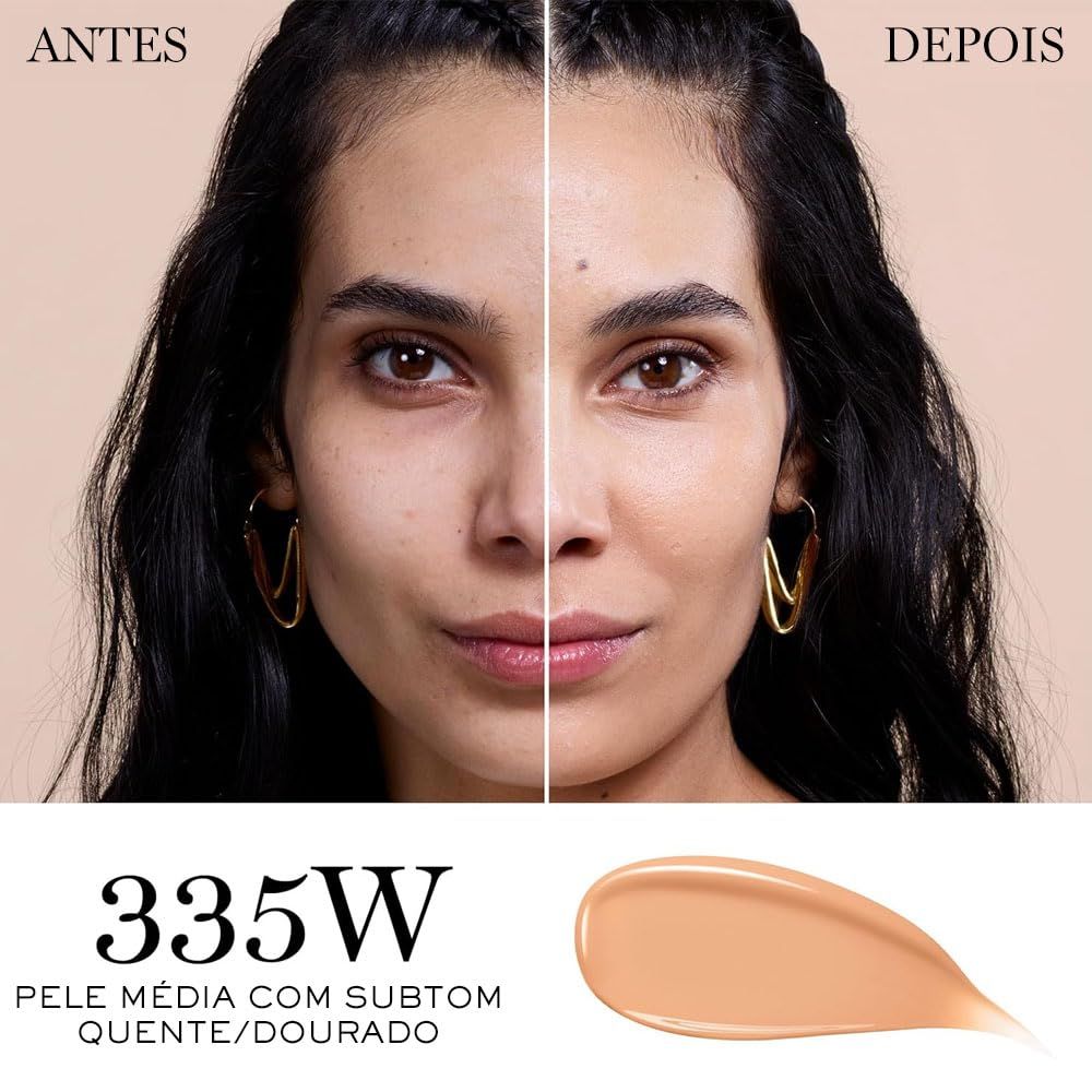 Vorher-Nachher-Vergleich. Gesicht mit Make-up. Farbton 335W. Text: Pele Média com Subtom Quente/Dourado.