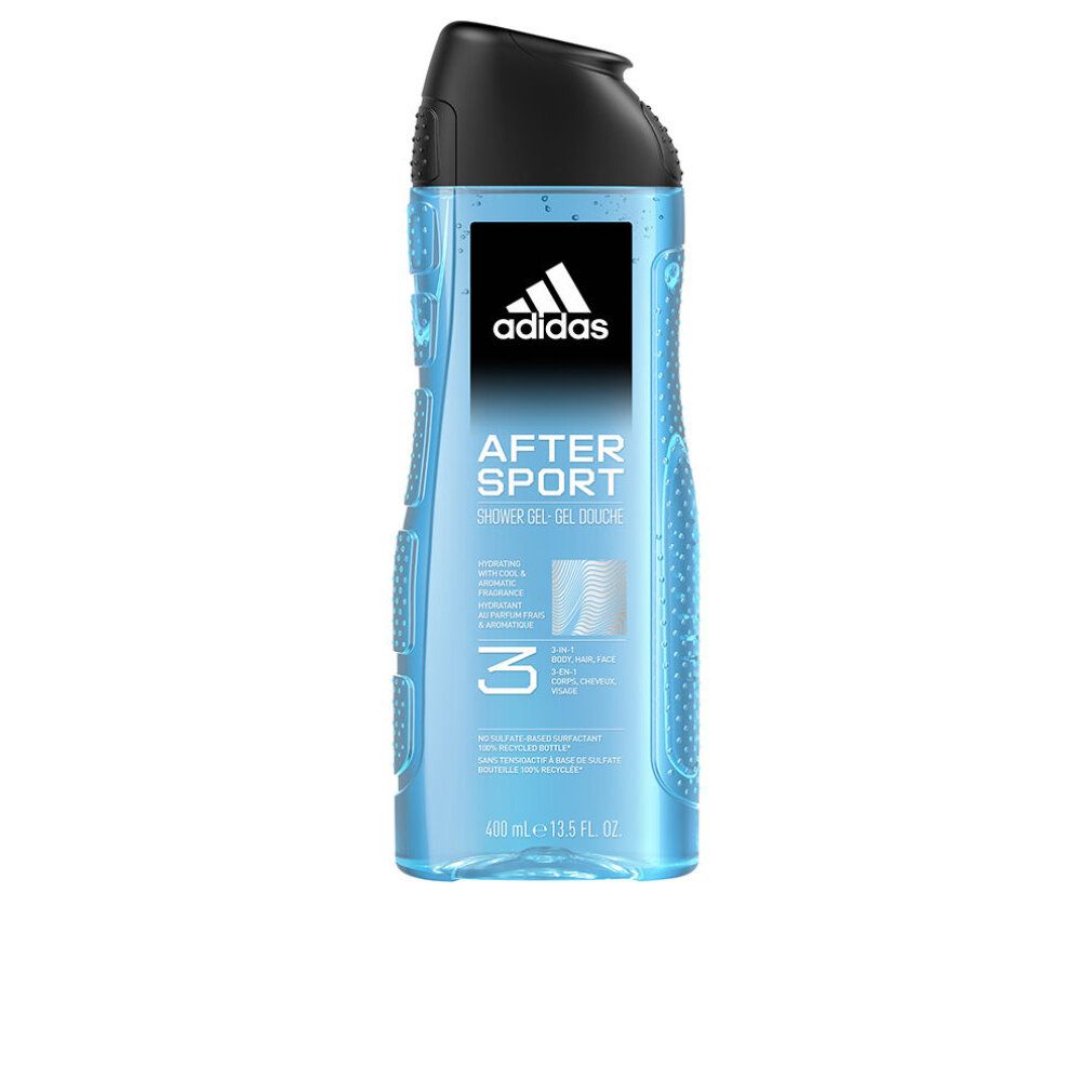 Blaues Duschgel mit schwarzem Deckel. Adidas-Logo und Schriftzug "AFTER SPORT" sichtbar. Produktbezeichnung und 3-in-1-Funktion.