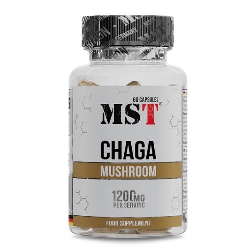 Klare Flasche mit MST Chaga Mushroom Kapseln. Aufschrift: 1200mg pro Portion. 60 Kapseln. Nahrungsergänzungsmittel.