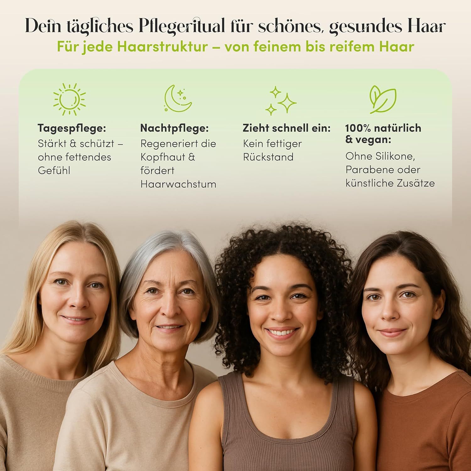 Vier Frauen unterschiedlichen Alters. Text: Dein tägliches Pflegeritual. 100% natürlich & vegan. Ohne Silikone, Parabene.
