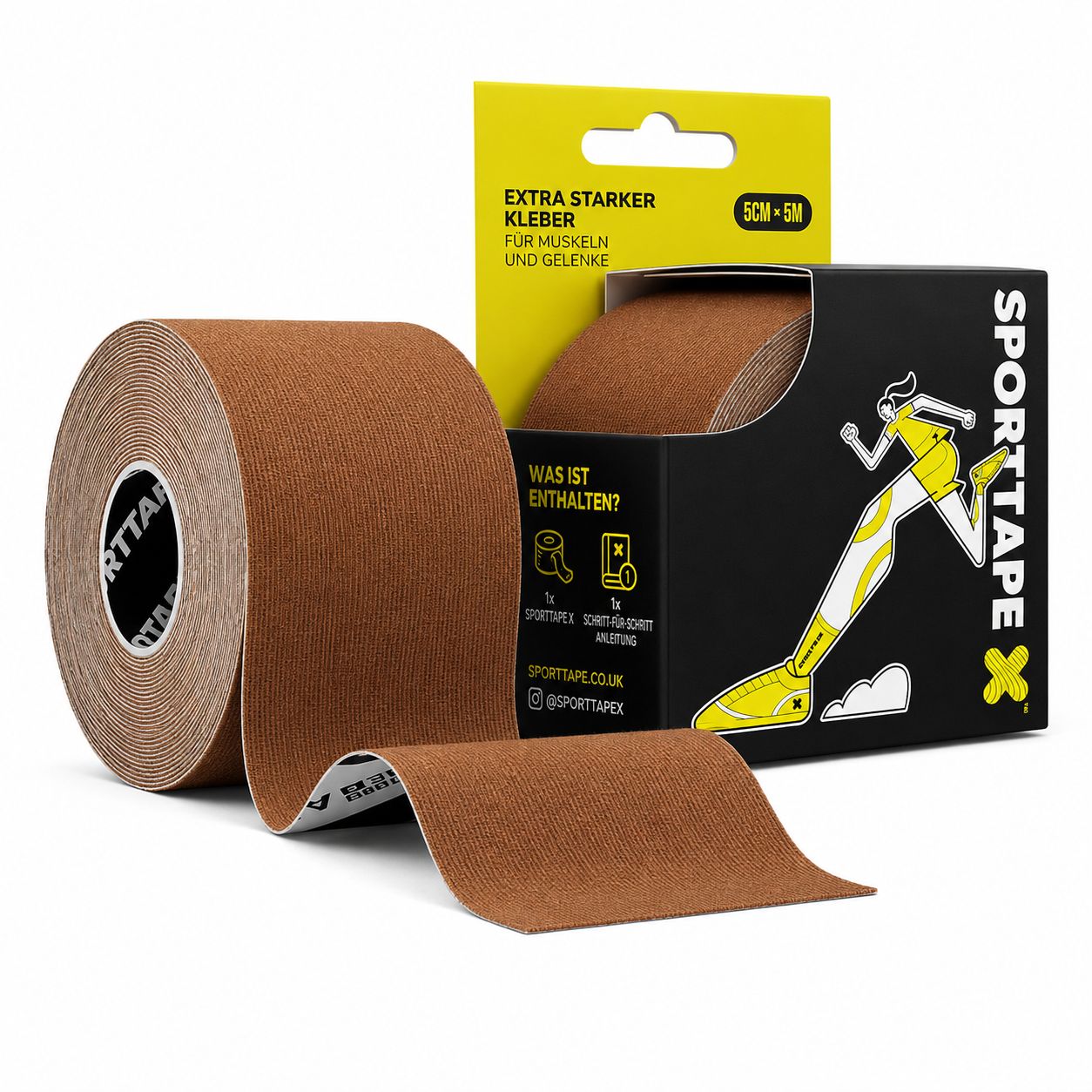 Rolle und Verpackung von SPORTTAPE Kinesiologie-Tape, 5cm x 5m, Braun.