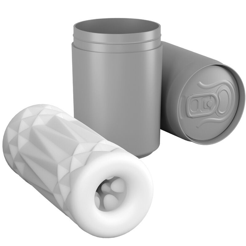 Graue Dose und Deckel neben einem weißen Masturbator mit rautenförmiger Oberfläche und Öffnung.