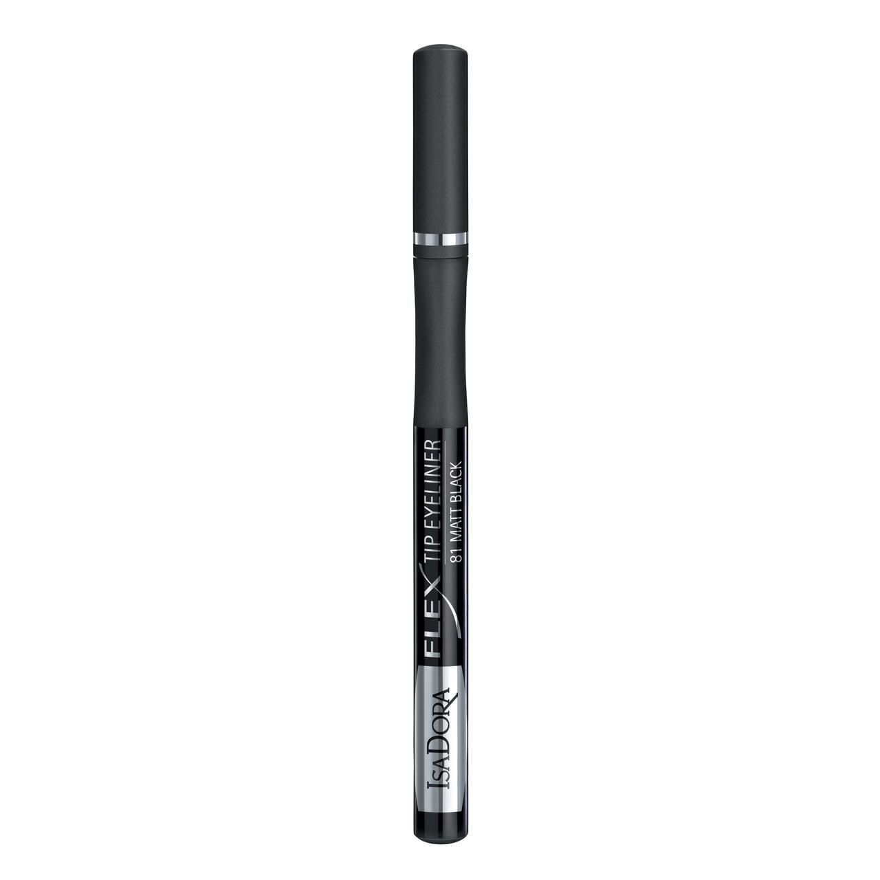 Schwarzer IsaDora Flex Tip Eyeliner. Zylindrische Form mit schwarzem Stift und silberfarbenen Akzenten. Produktname und Marke sichtbar.
