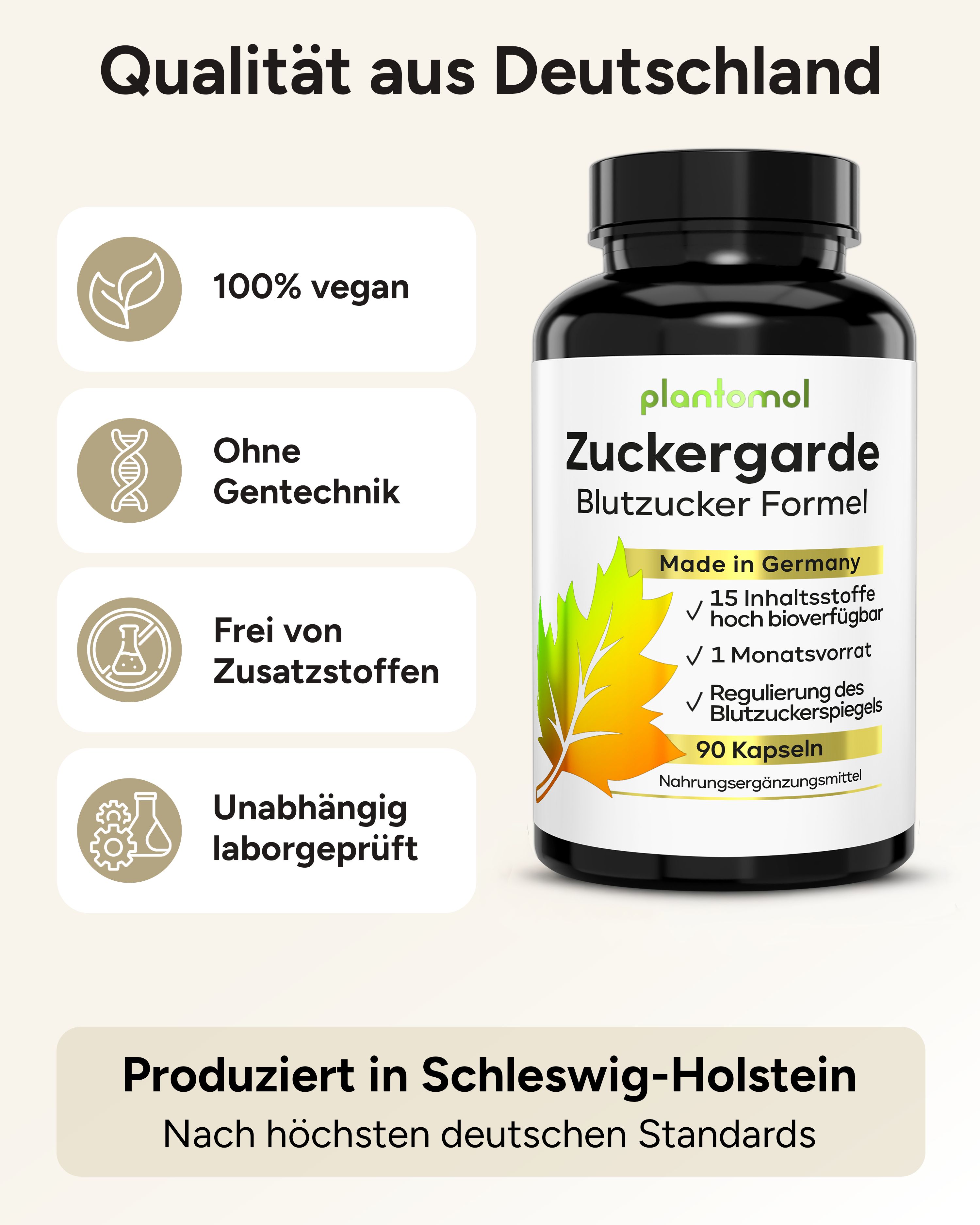 Produkt mit Text: plantomol Zuckergarde Blutzucker Formel. 100% vegan, ohne Gentechnik, frei von Zusatzstoffen, unabhängig laborgeprüft. 90 Kapseln.