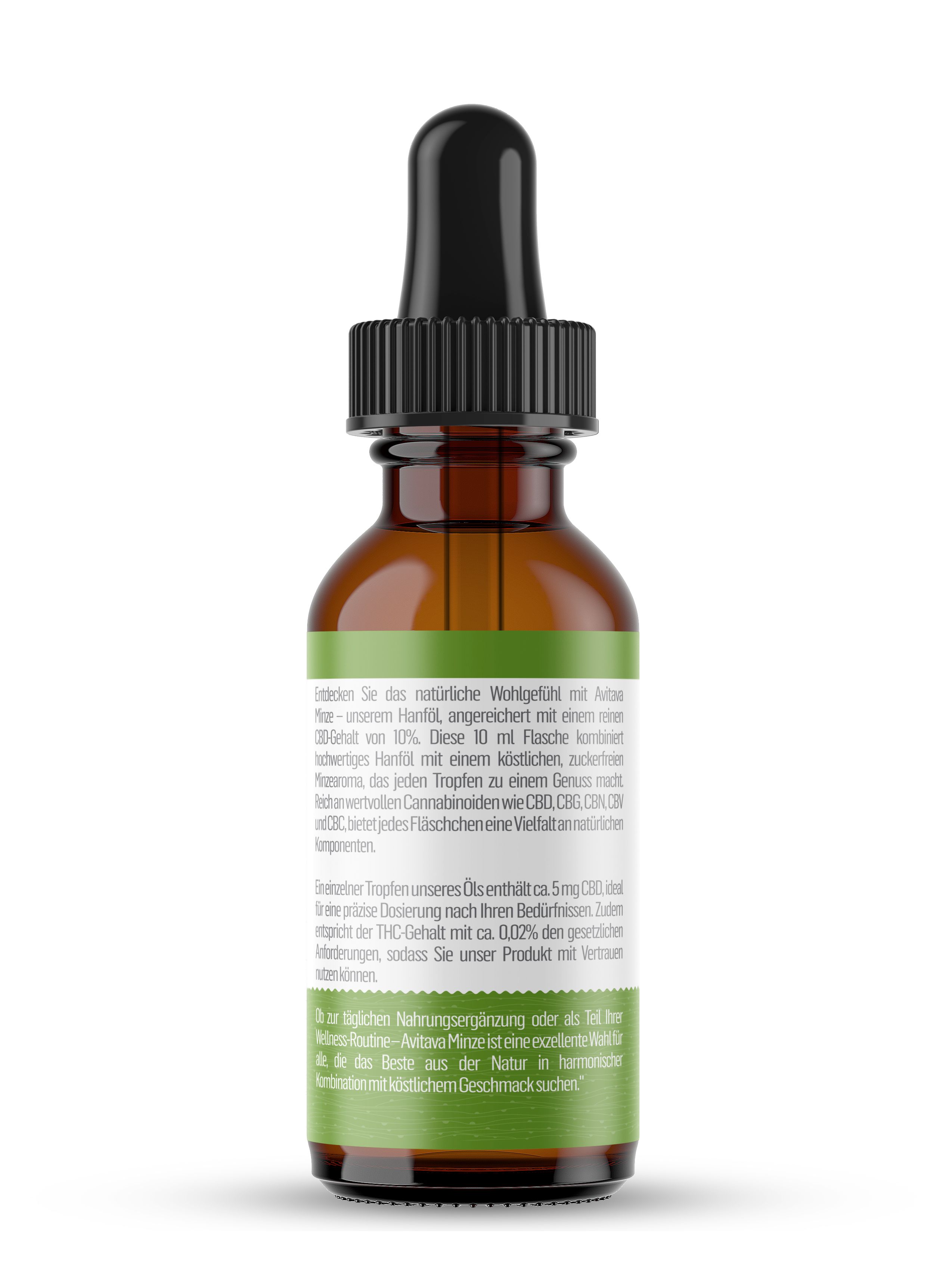 Braune Glasflasche mit schwarzem Tropfer. Grün-weißes Etikett mit Text. Rückseite mit Produktinformationen.