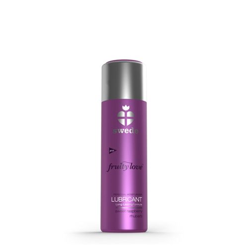 Lila Flasche mit silbernem Deckel. Aufschrift: swede, fruity love, LUBRICANT. Text: sweet raspberry rhubarb.