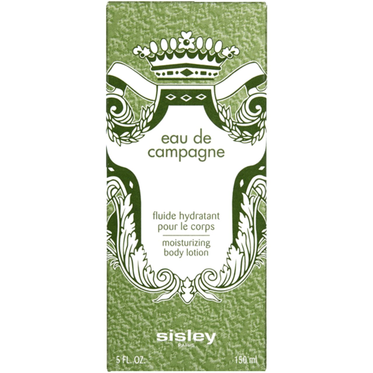 Grüne Verpackung mit Schriftzug Eau de Campagne, Fluide Hydratant pour le corps, Sisley. 150 ml.