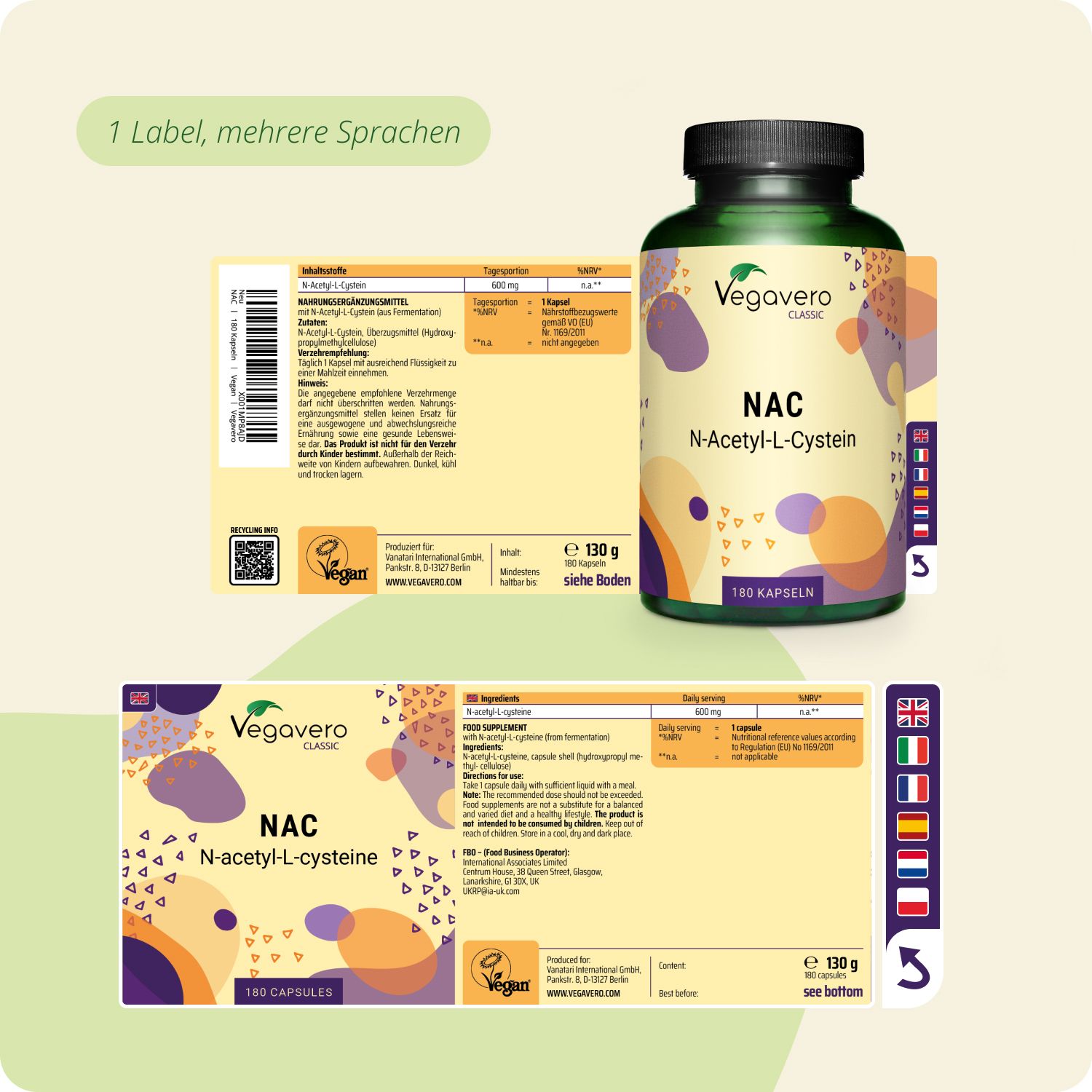 Veggavero NAC N-Acetyl-L-Cystein Kapseln in grüner Flasche mit mehrsprachigem Etikett.
