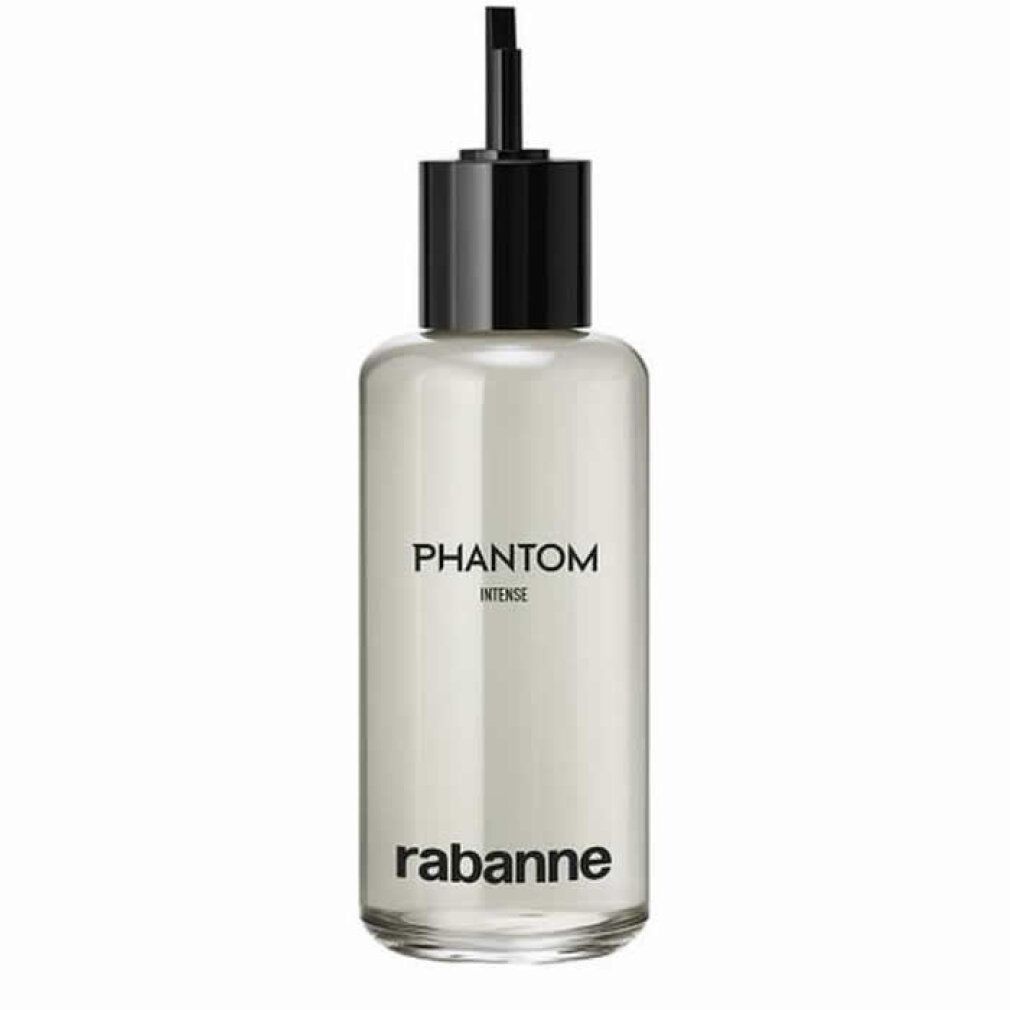 Klarer Flakon mit schwarzem Verschluss und Aufschrift Phantom Intense. Marke Rabanne unten. Flüssigkeit sichtbar.