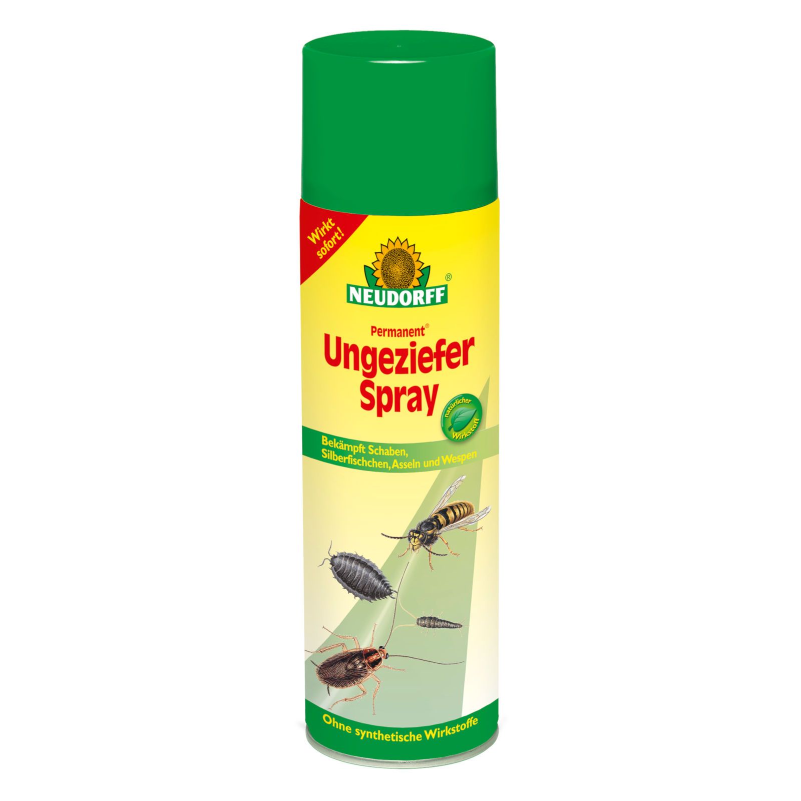 Zylindrische Sprühdose mit grünem Deckel. Aufschrift: Permanent Ungeziefer Spray. Abbildung von Insekten.