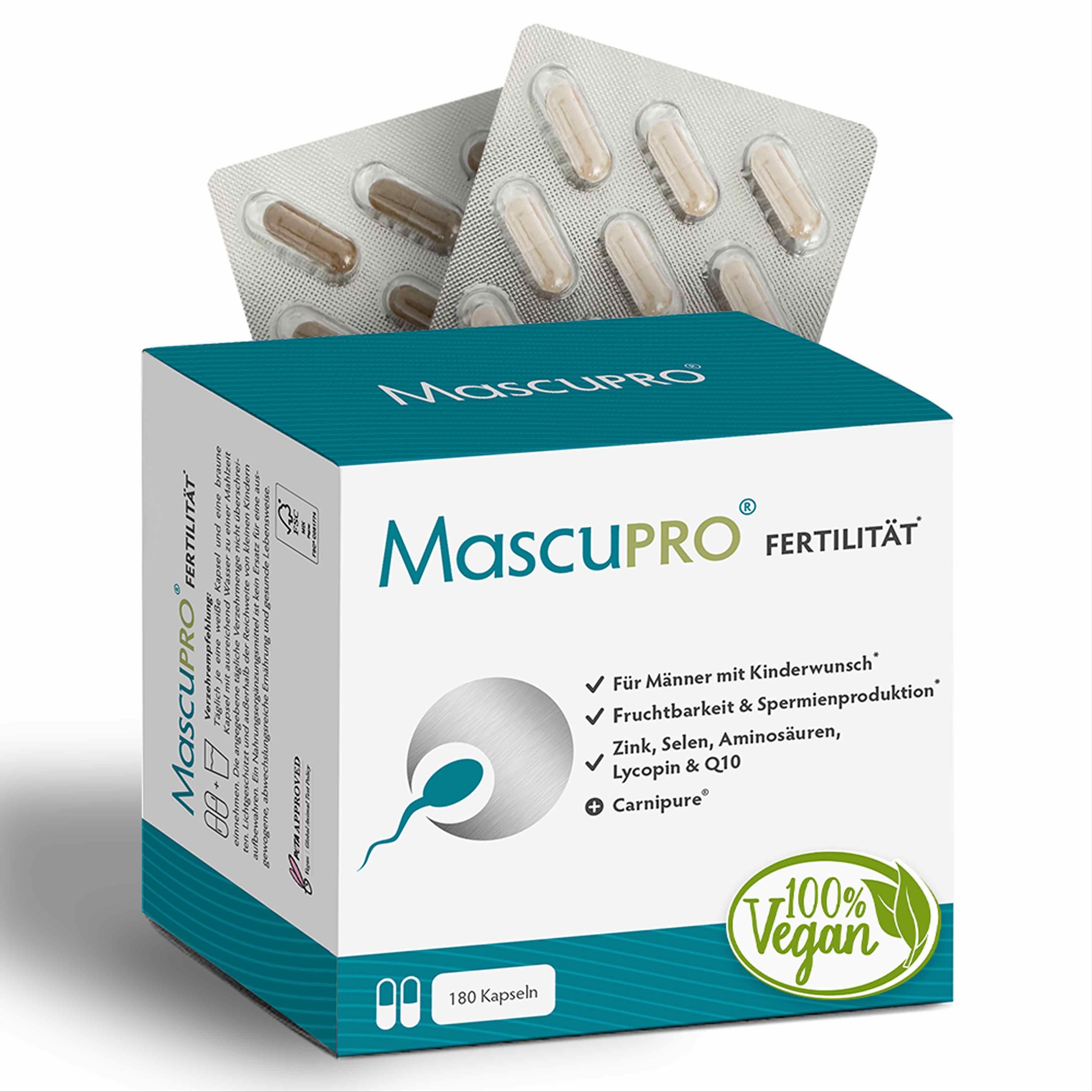 Schachtel MascuPRO® Fertilität. Text: Für Männer mit Kinderwunsch, Fruchtbarkeit & Spermienproduktion, Zink, Selen, Aminosäuren, Lycopin & Q10, Carnipure. 180 Kapseln.