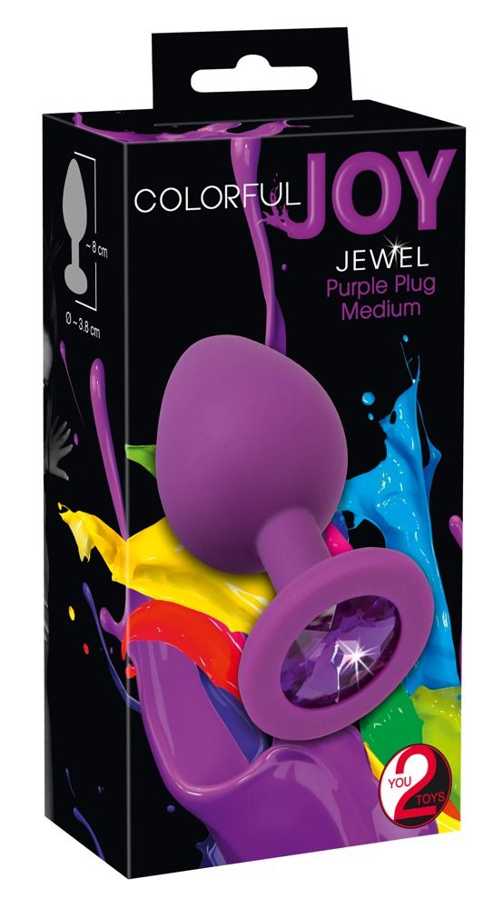 Verpackung mit lila Analplug. Sichtbarer Schmuckstein. Text: Colorful Joy, Jewel, Purple Plug, Medium.