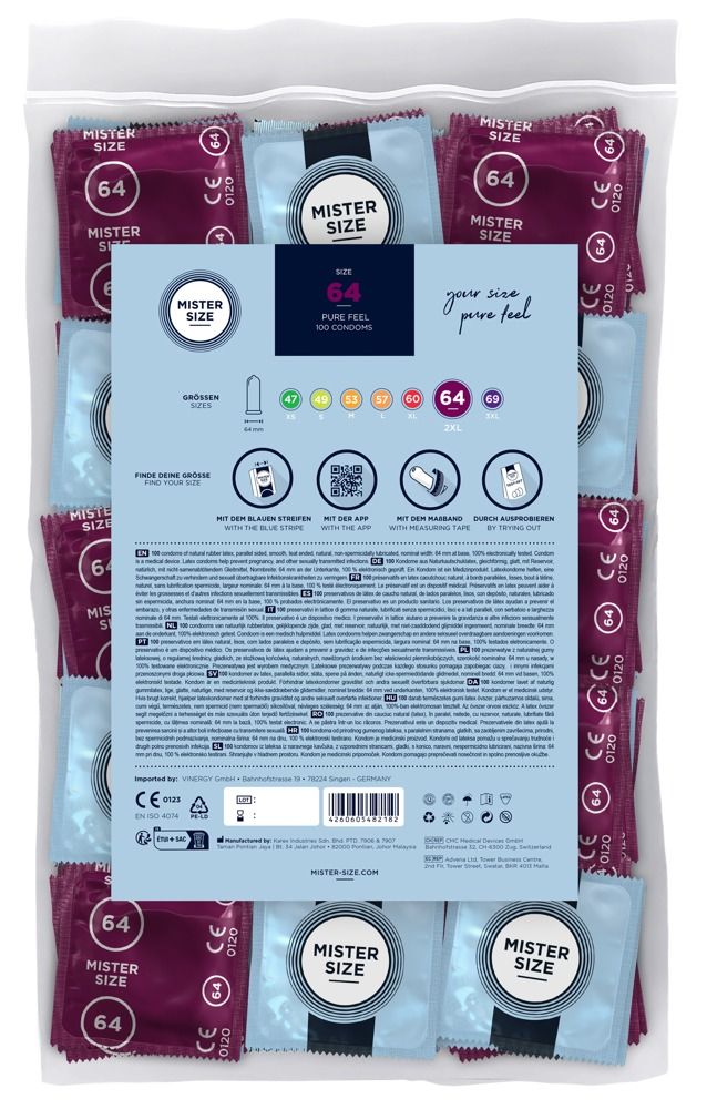 Verpackung mit Kondomen. Rückseite mit Informationen. Aufdruck: Mister Size, 64. Einzelne Kondome in Blau und Lila.