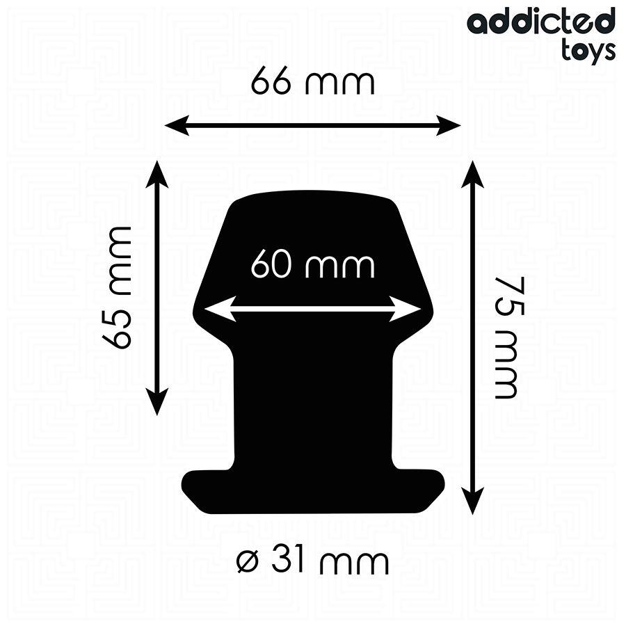 Schwarz-weiß-Diagramm mit Maßangaben für einen Analplug. Durchmesser 31 mm, Höhe 75 mm, Breite 66 mm.