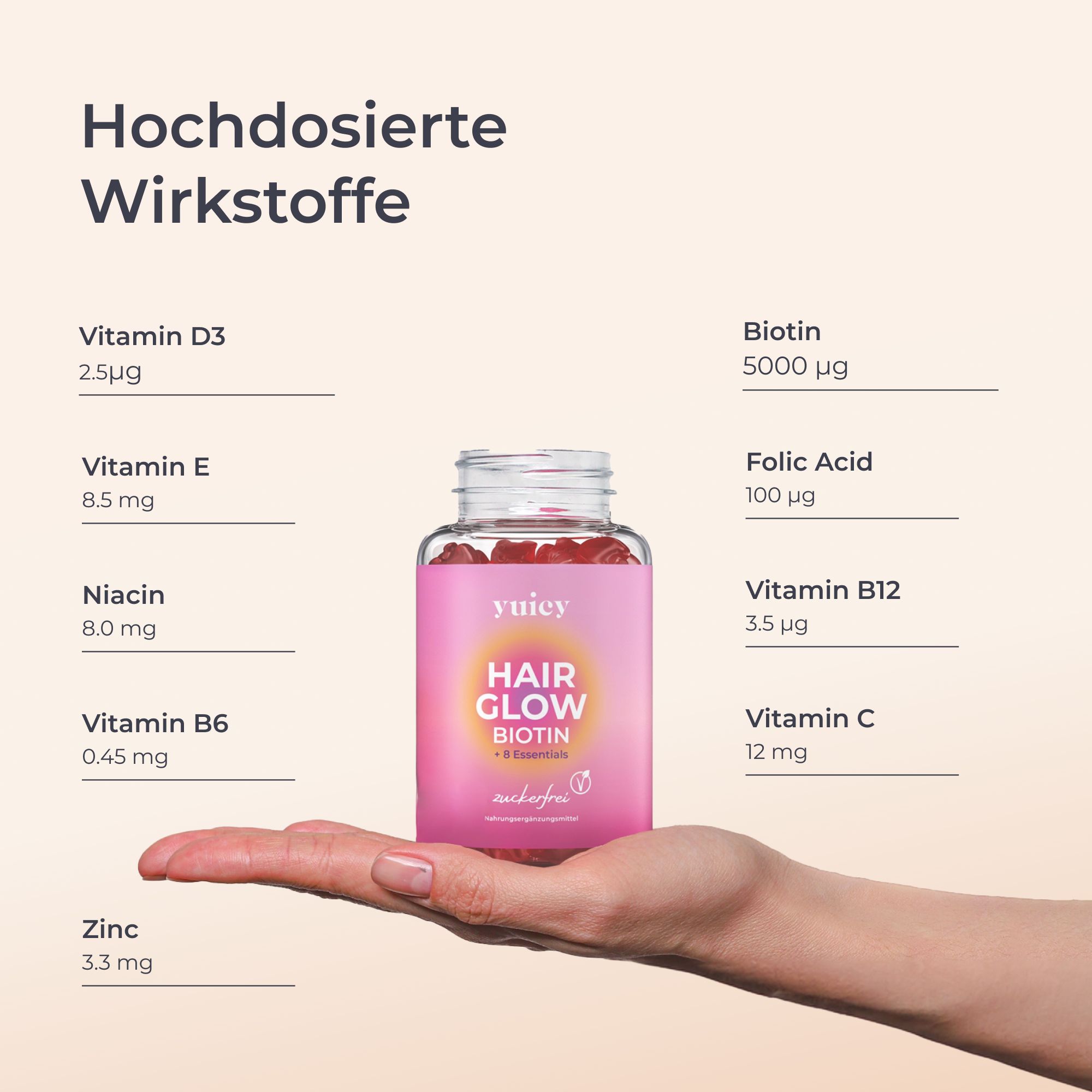 Hand hält Flasche yuicy® Hair Biotin Gummies. Inhaltsstoffe: Vitamin D3, E, Niacin, B6, Zink, Biotin, Folsäure, B12, C.