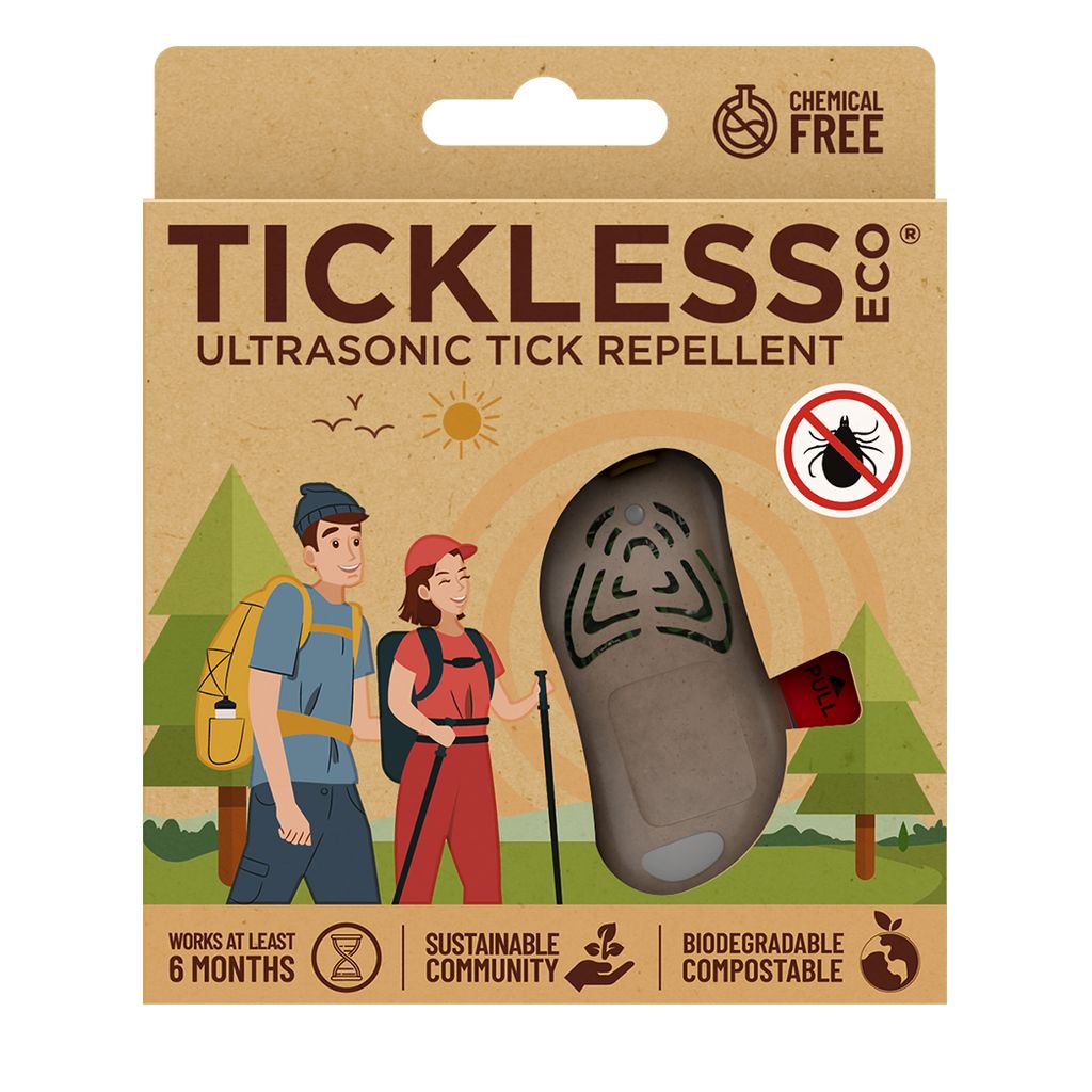 Verpackung mit dem Produkt Tickless Eco Erwachsene. Braun, mit dem Produktnamen und dem Logo. Aufdruck: "Ultraschall-Zeckenabwehr".