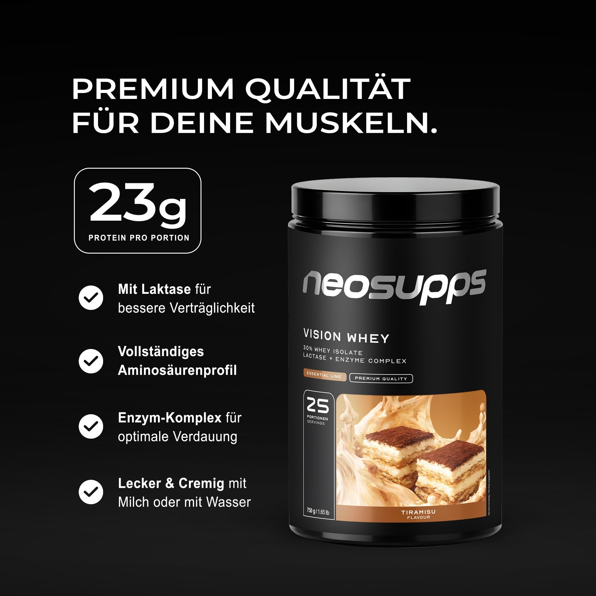 Neosupps Vision Whey Tiramisu Dose mit 25 Portionen, 23g Protein pro Portion, Made in Germany.