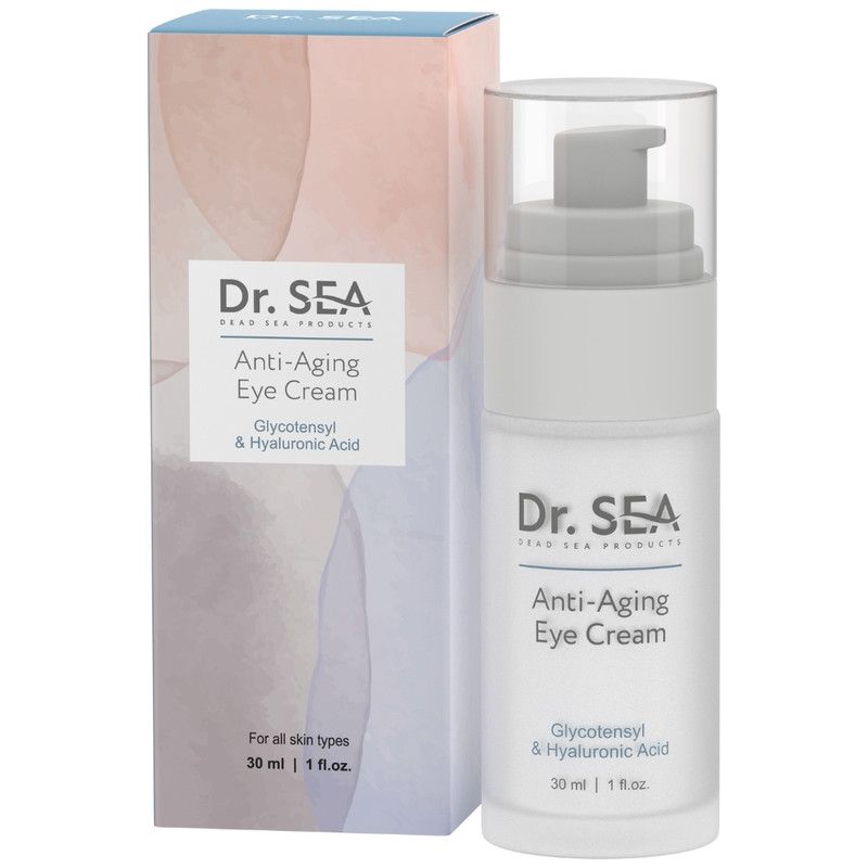 Weiße Flasche und Karton mit Produktinformationen. Aufschrift: Dr. SEA Anti-Aging Eye Cream. Enthält Glycotensyl & Hyaluronsäure.