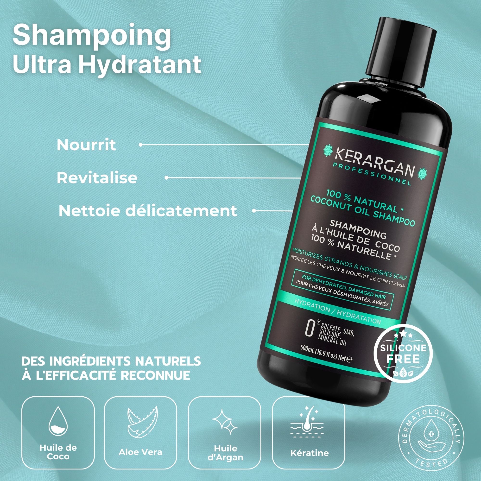 Shampooing Kerargan. Flacon noir, étiquette verte. Texte : 100% Natural Coconut Oil Shampoo. Testé dermatologiquement.
