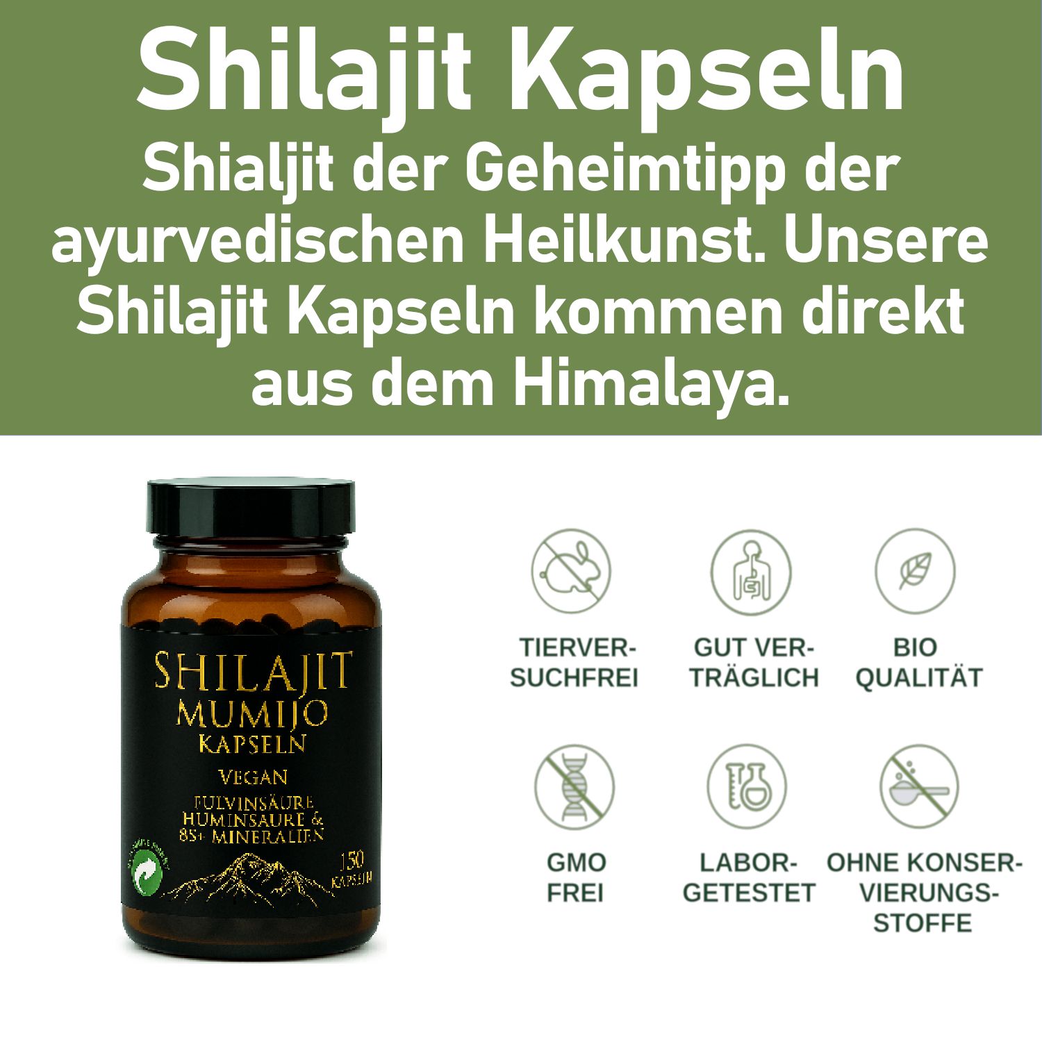 Braune Glasflasche mit Etikett. Aufschrift: Shilajit Mumijo Kapseln, Vegan. Icons: tierversuchsfrei, gut verträglich, Bio.