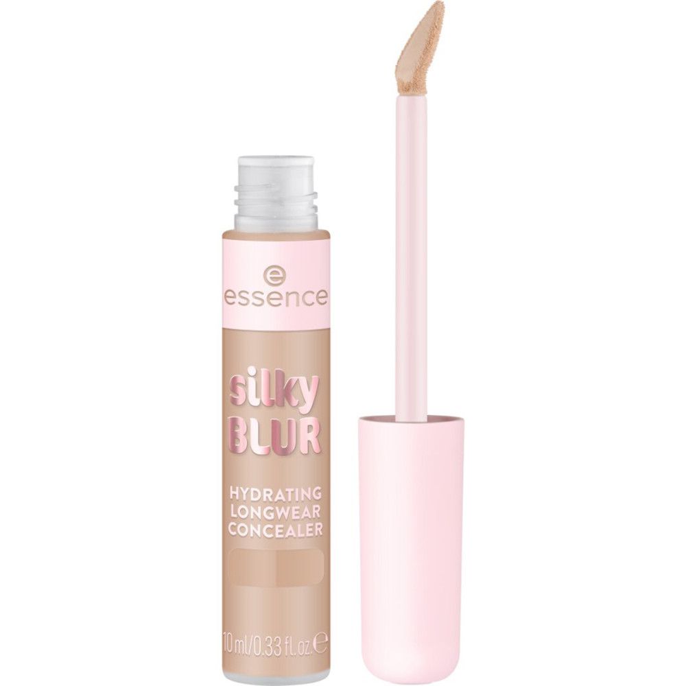 Concealer-Tube mit rosa Kappe und Applikator. Aufschrift: Silky Blur, Hydrating Longwear Concealer. Marke: Essence. Farbton: Beige.