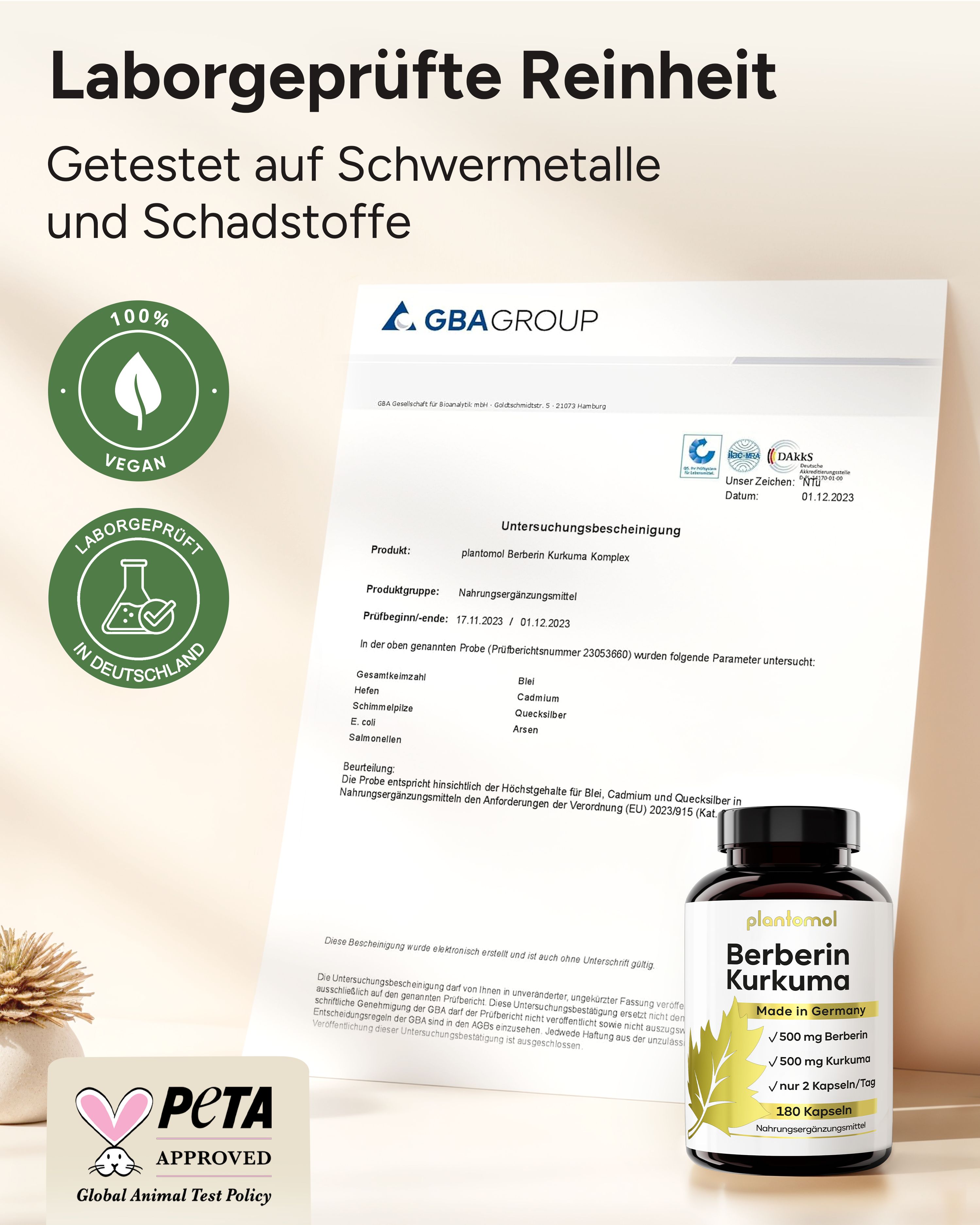 Zertifizierungen: 100% vegan, Laborgeprüft in Deutschland, PETA Approved. Flasche plantomol Berberin Kurkuma, 180 Kapseln.